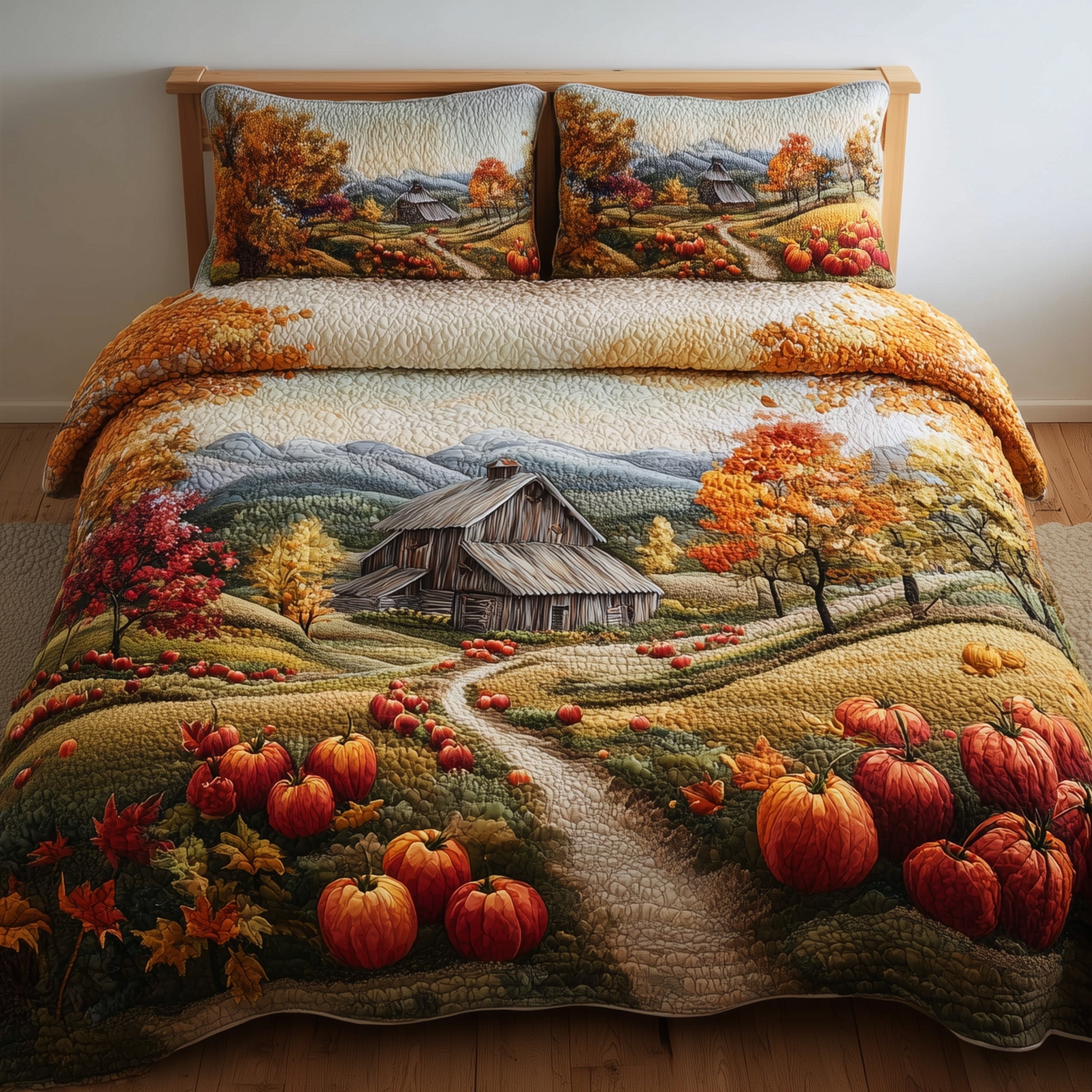 Fall Farmhouse Quilted Bedding Set Bedspread Pumpkin Gift Ideas For Farmers
