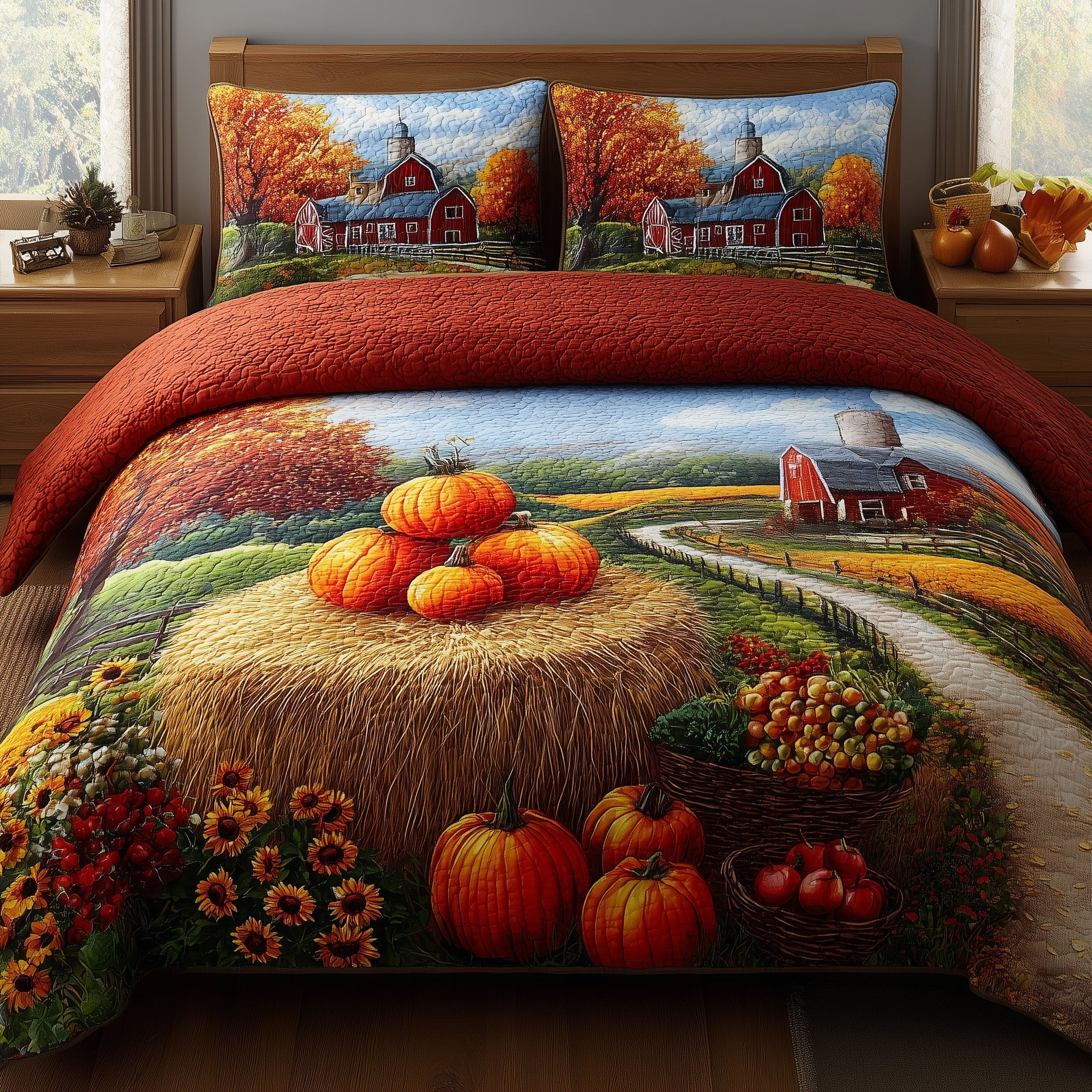 Fall Farmhouse Quilted Bedding Set Bedspread Pumpkin Gifts For Farmers For Christmas
