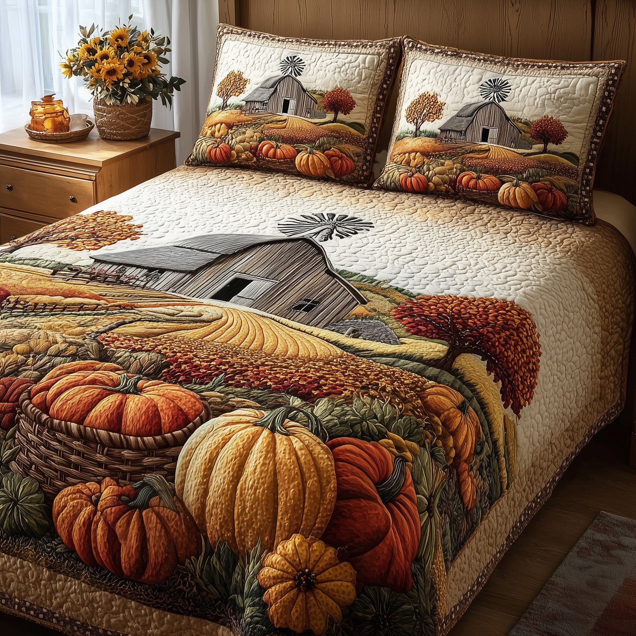 Fall Farmhouse Quilted Bedding Set Duvet Cover Bedspread Autumn Inspired Gifts