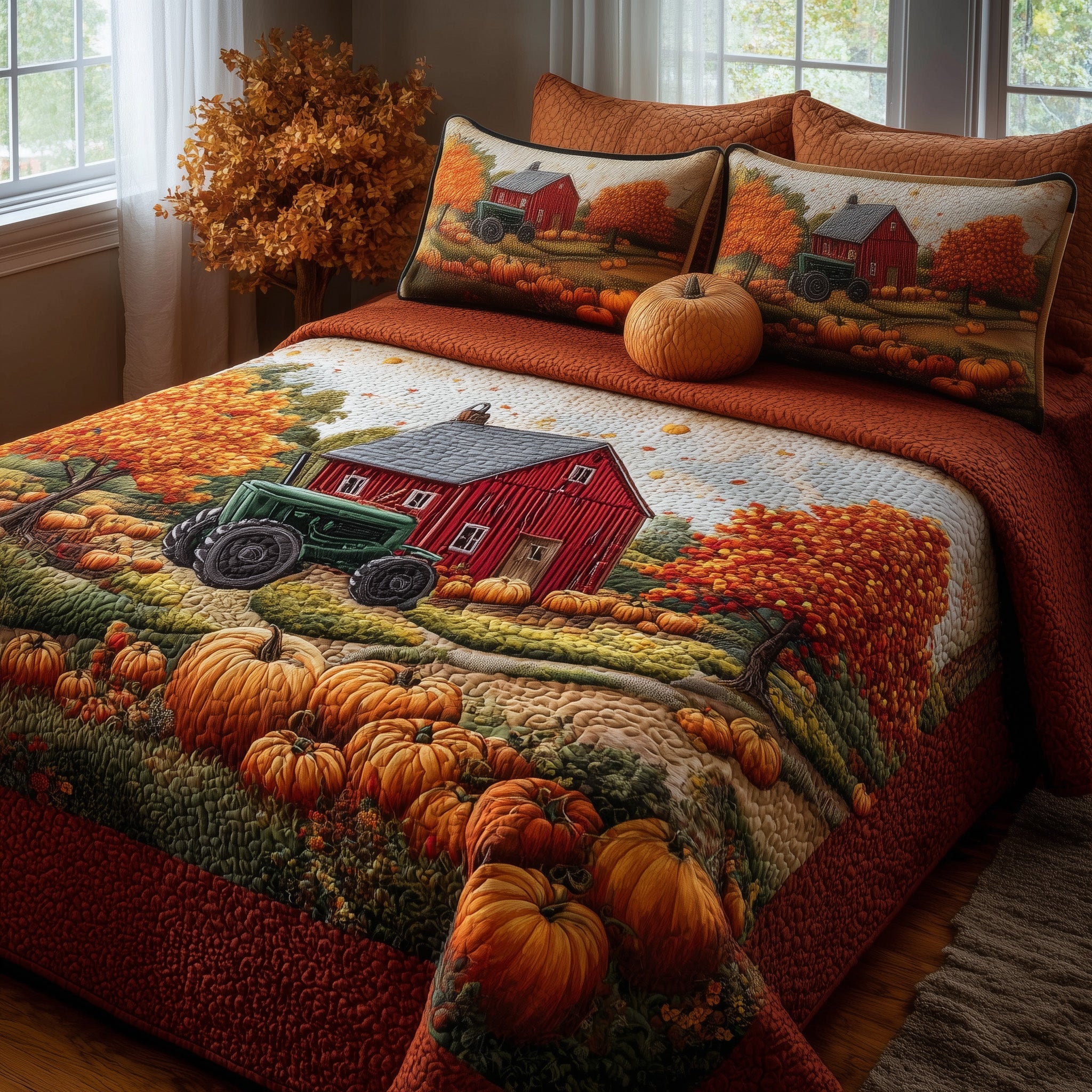 Fall Farmhouse Quilted Bedding Set Duvet Cover Bedspread Cute Fall Gift Ideas