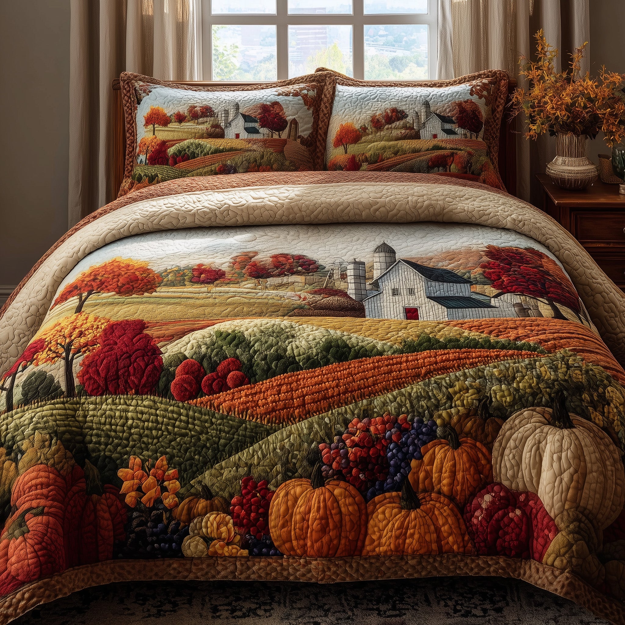 Fall Farmhouse Quilted Bedding Set Duvet Cover Bedspread Gift For Mid Autumn Festival