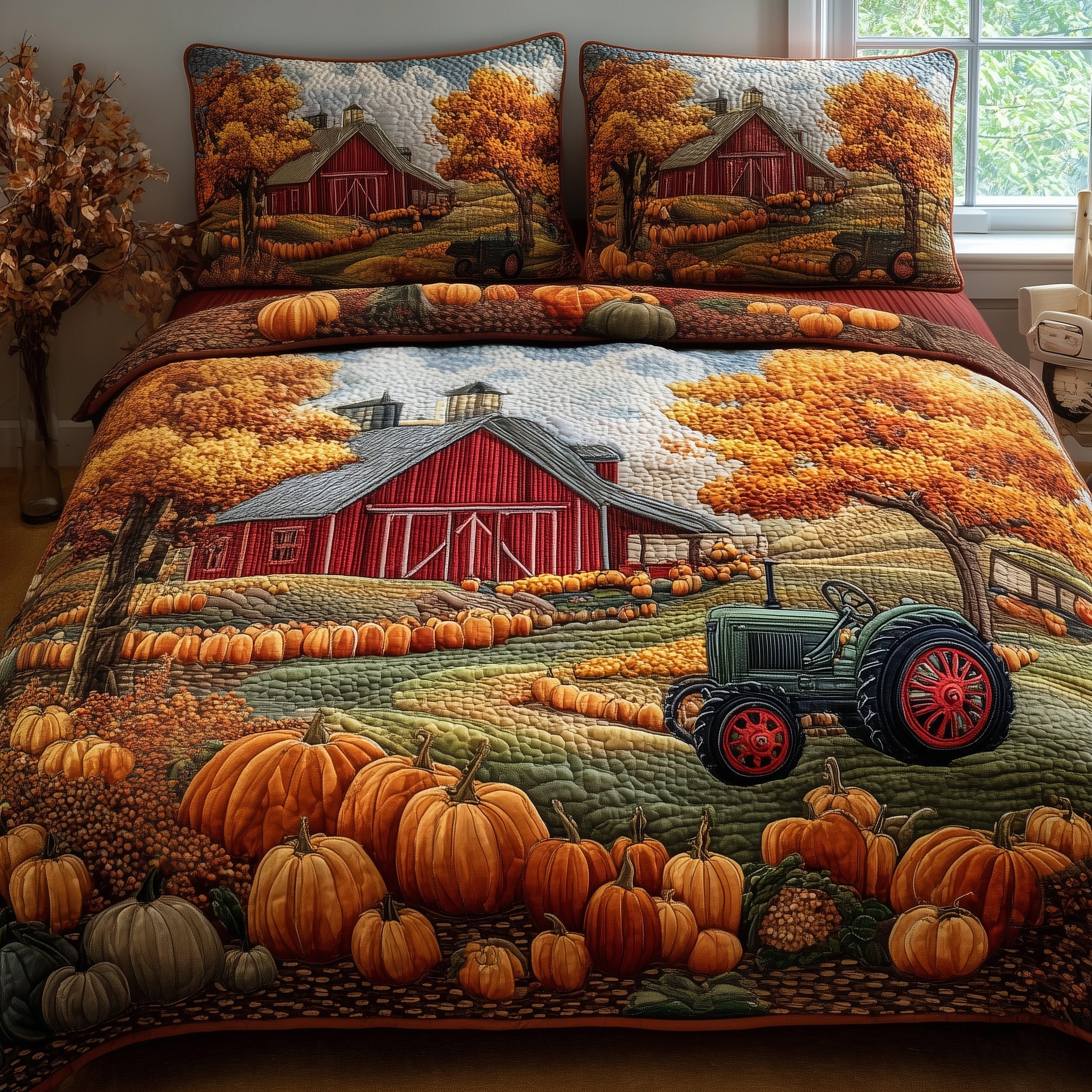 Fall Farmhouse Quilted Bedding Set Duvet Cover Bedspread Gifts For Autumn Lovers
