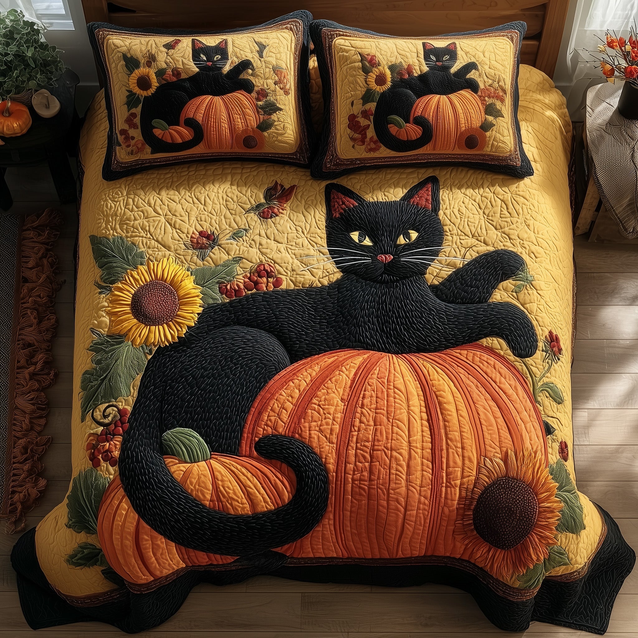 Fall Feline Dreams Quilted Bedding Set For Couples