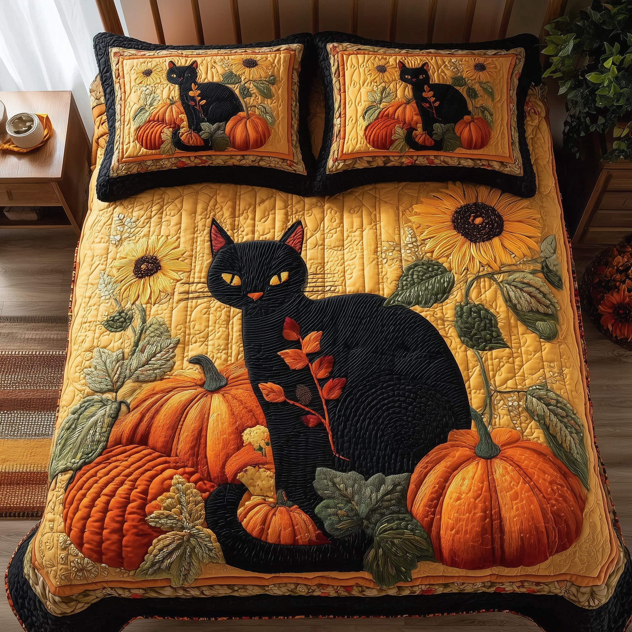 Fall Feline Dreams Quilted Bedding Set Geometrical Pattern