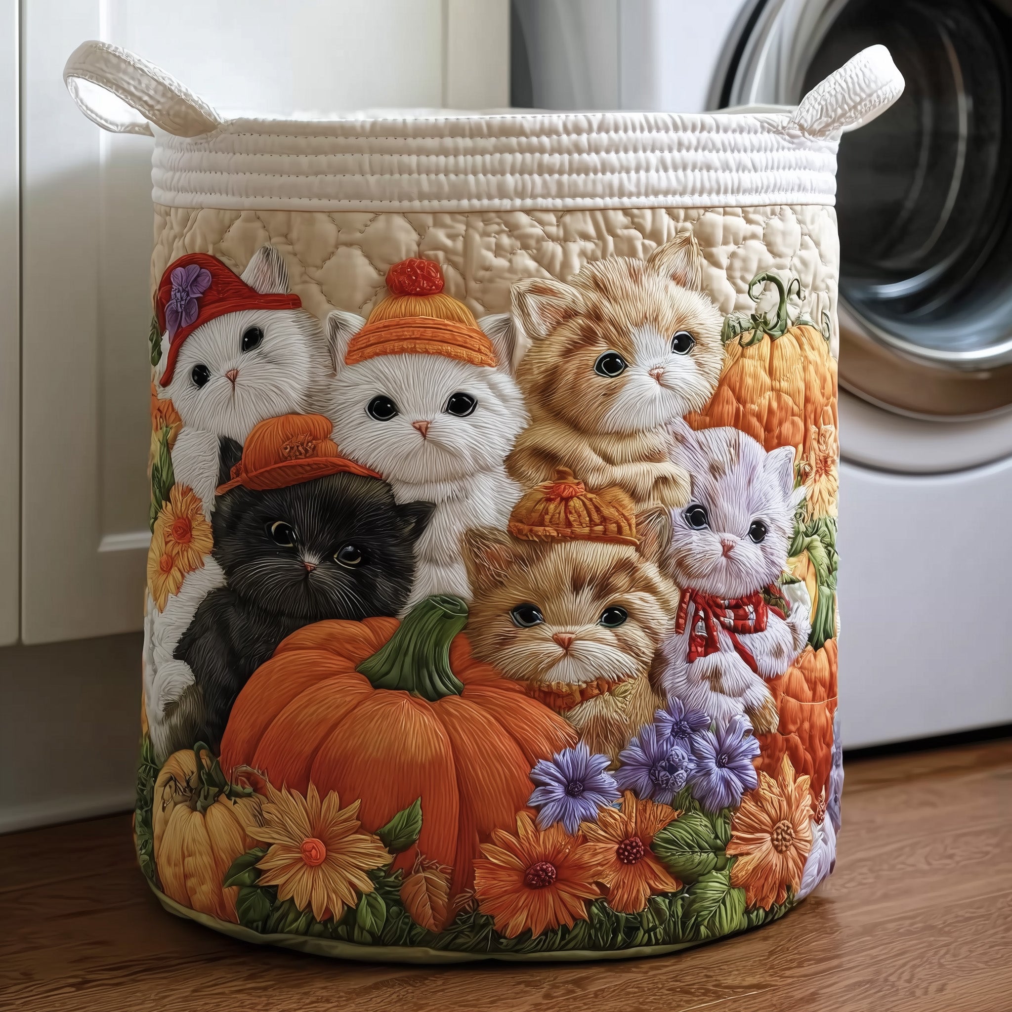 Fall Feline Quilted Laundry Basket Gift For Cat Lover