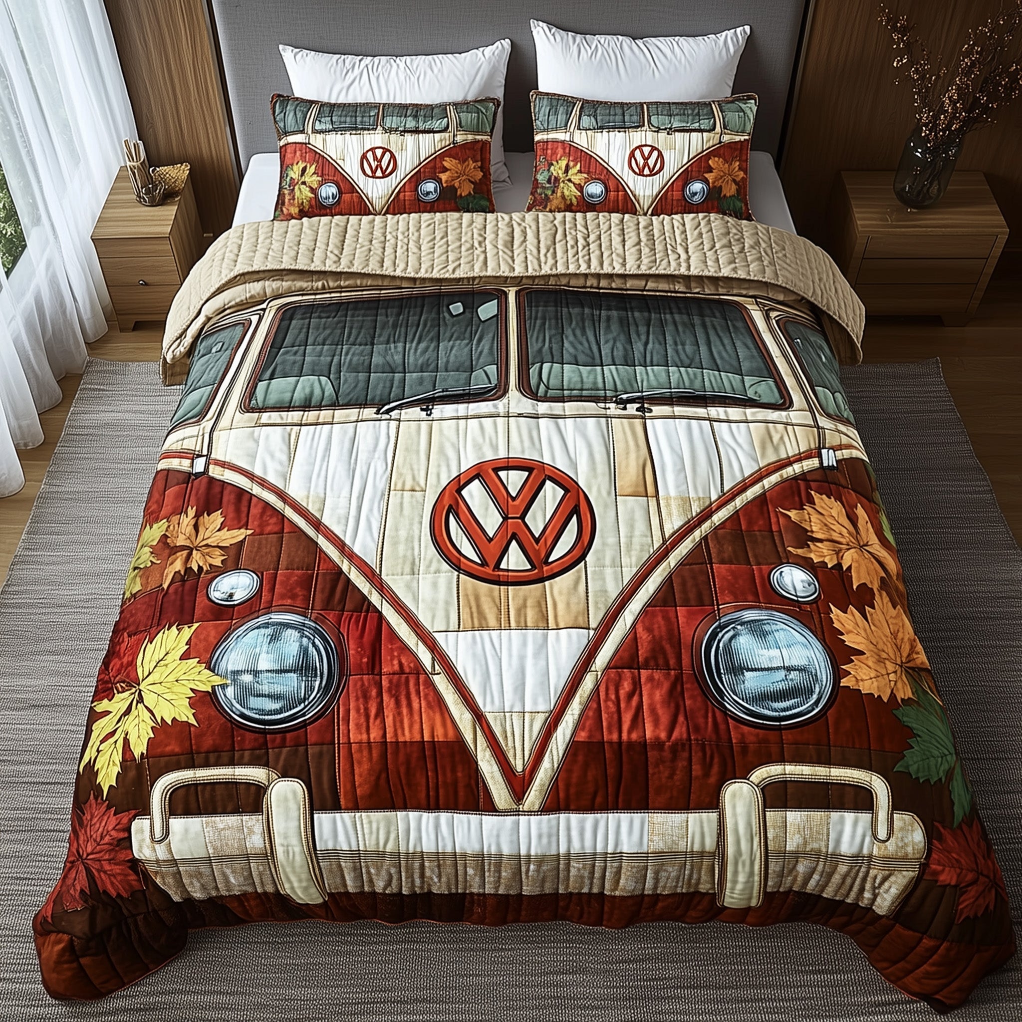 Fall Foliage Camper Quilted Bedding Set Cozy Autumn Vibes Bus Home Decor Best Bedding Gifts