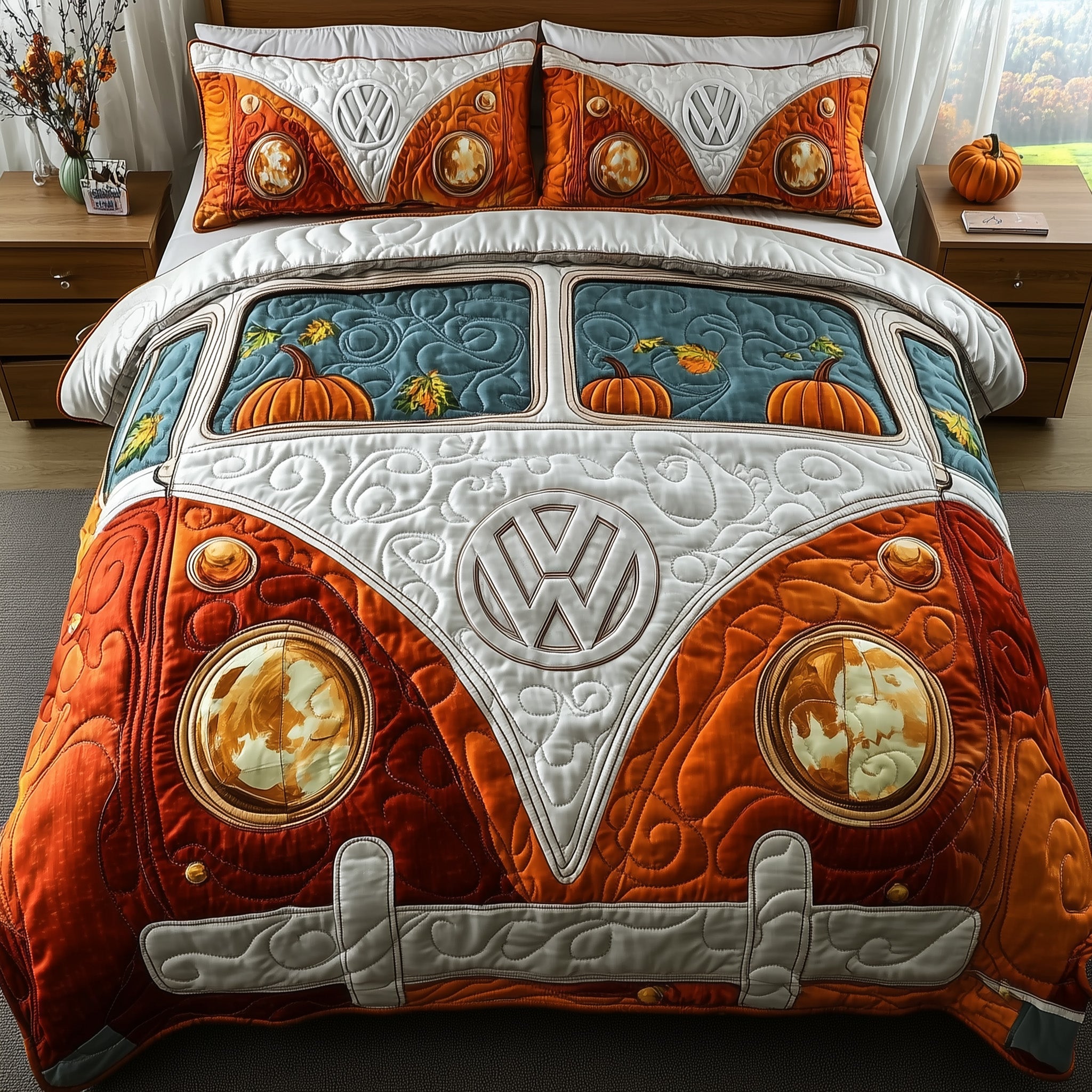Fall Foliage Camper Quilted Bedding Set Pumpkin Vibes Bus Home Decor Best Bedding Gifts