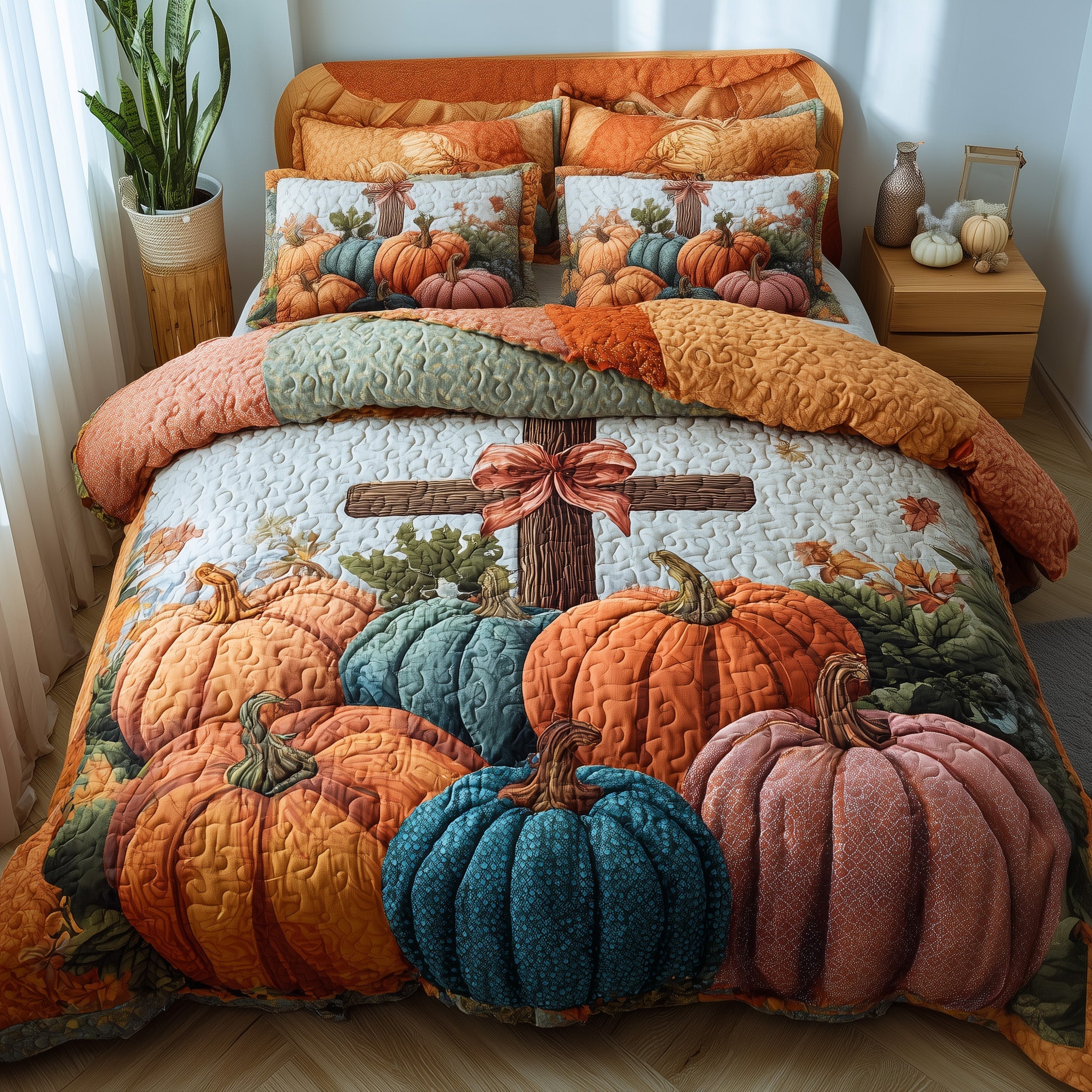 Fall for Jesus Quilted Bedding Set Bed Decoration Pumpkin Cross Presents For Christians