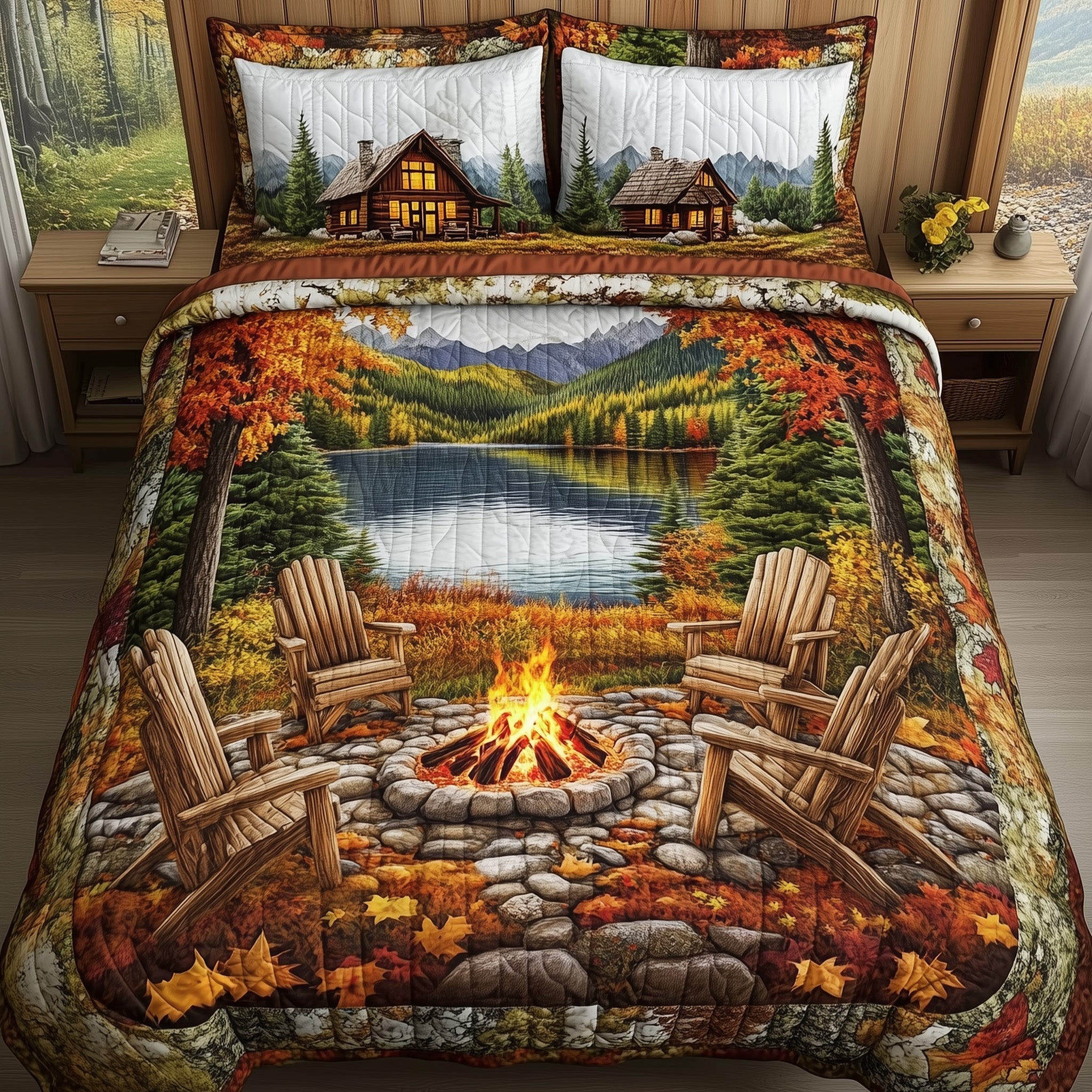 Fall Forest Retreat Pumpkin Quilted Bedding Set Cozy Campfire Nature Lovers Gifts