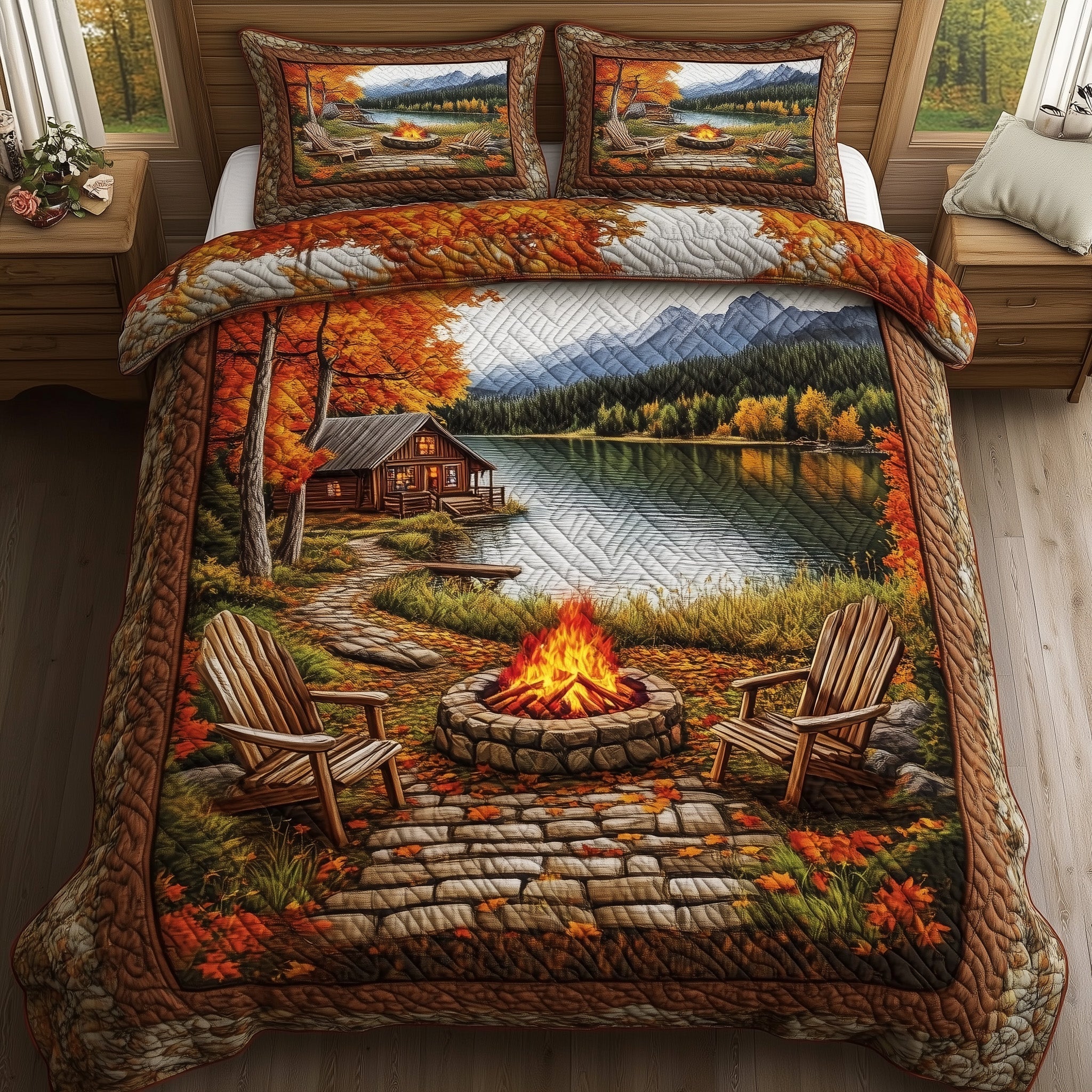 Fall Forest Retreat Pumpkin Quilted Bedding Set Cozy Campfire Vibes Nature Lovers Presents