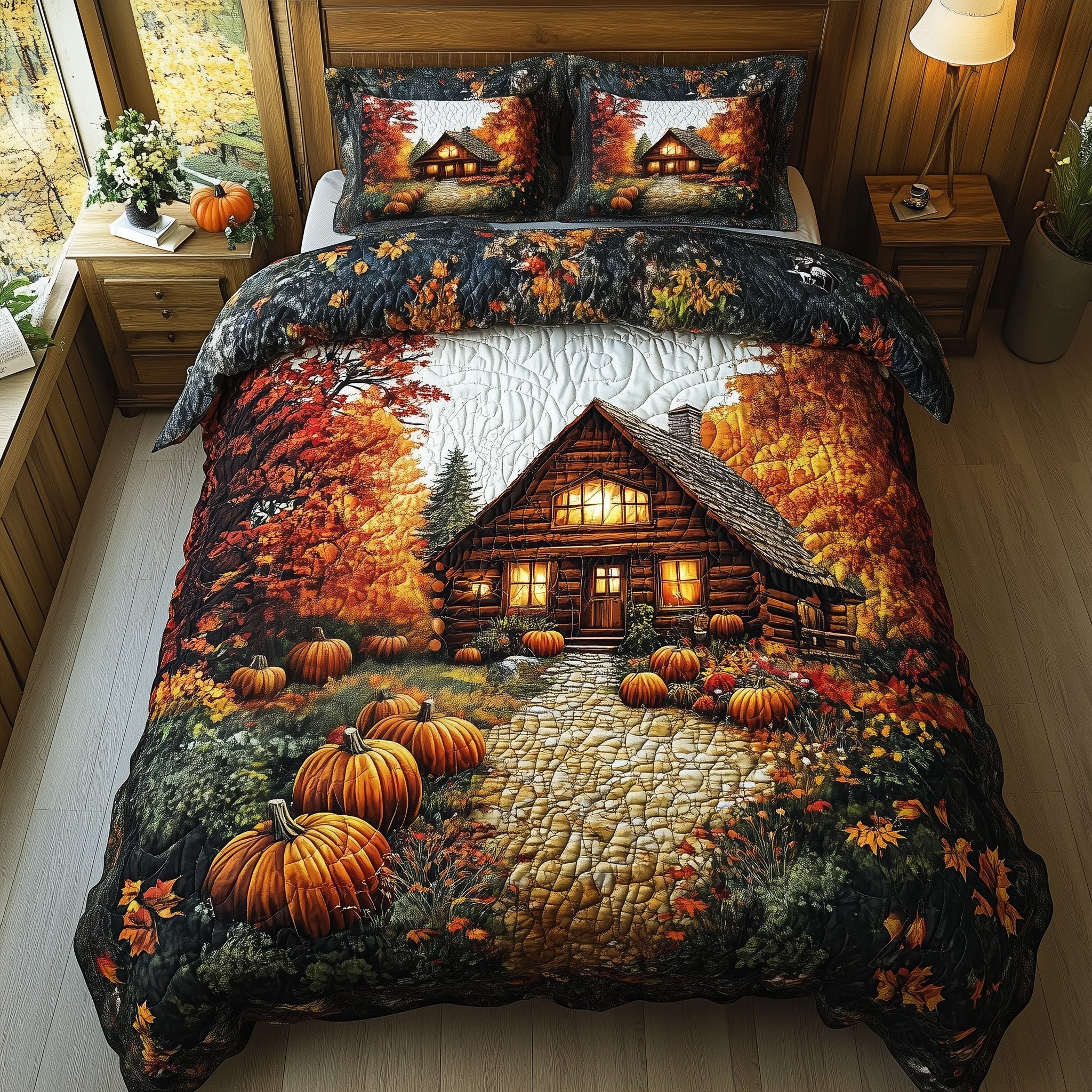 Fall Forest Retreat Pumpkin Quilted Bedding Set Rustic Lodge Decor Nature Lovers Gifts