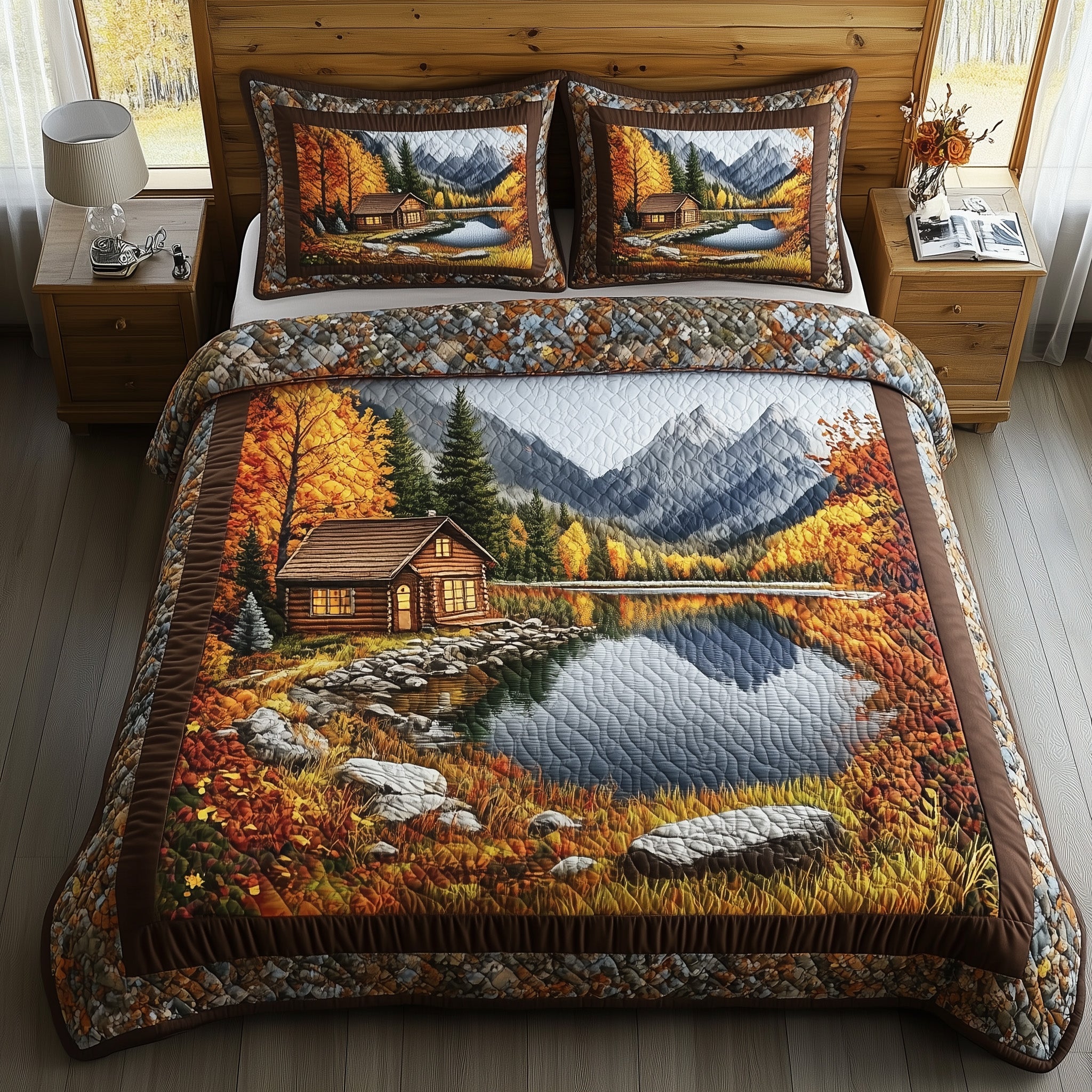 Fall Forest Retreat Quilted Bedding Set Cabin In The Woods Unique Fall Design Bedding Gifts