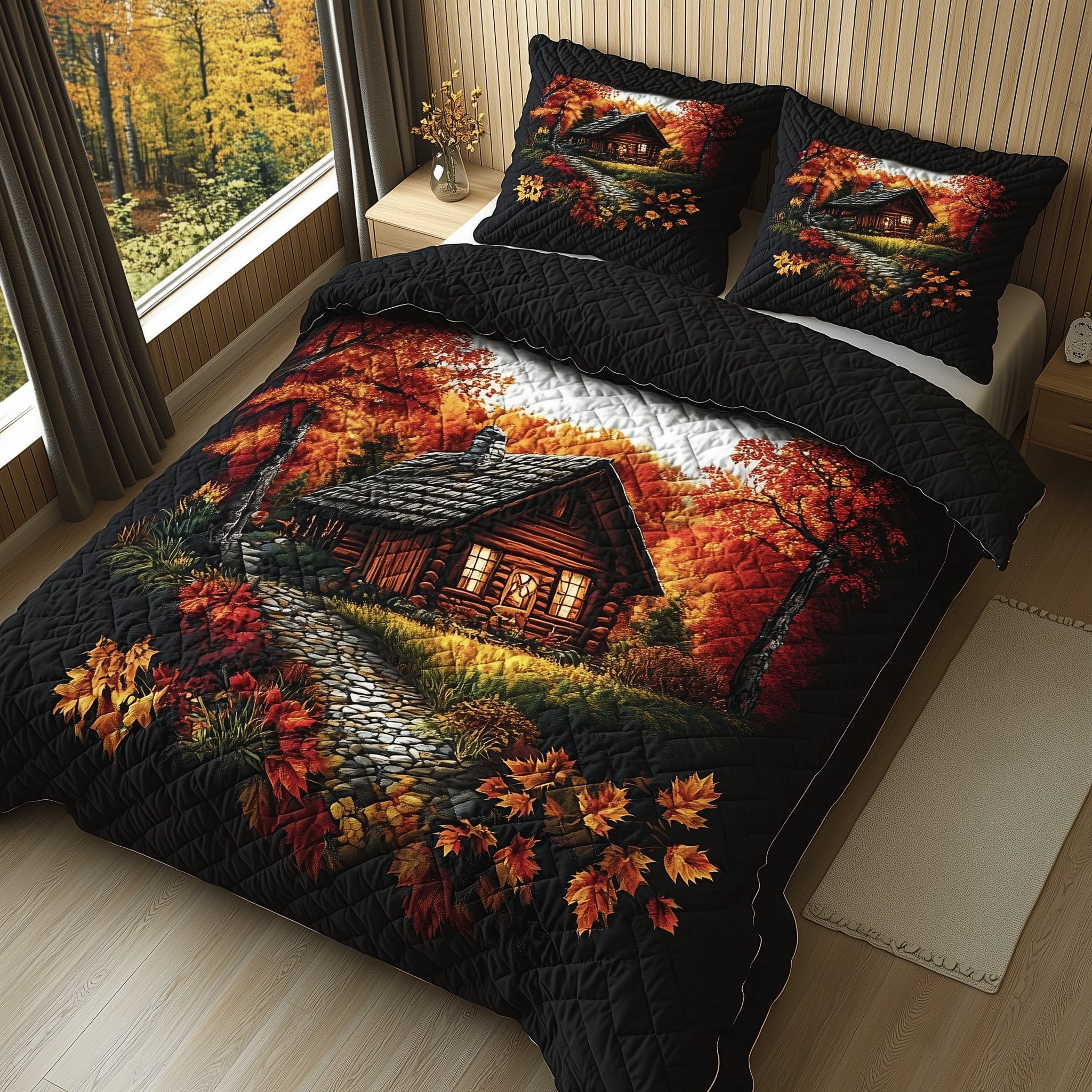 Fall Forest Retreat Quilted Bedding Set Rustic Lodge Decor Cozy Autumn Vibes Bedding Gifts