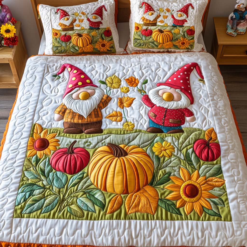 Fall Gnome Charm Quilted Bedding Set Bedroom Decor Gift For Mid Autumn Festival
