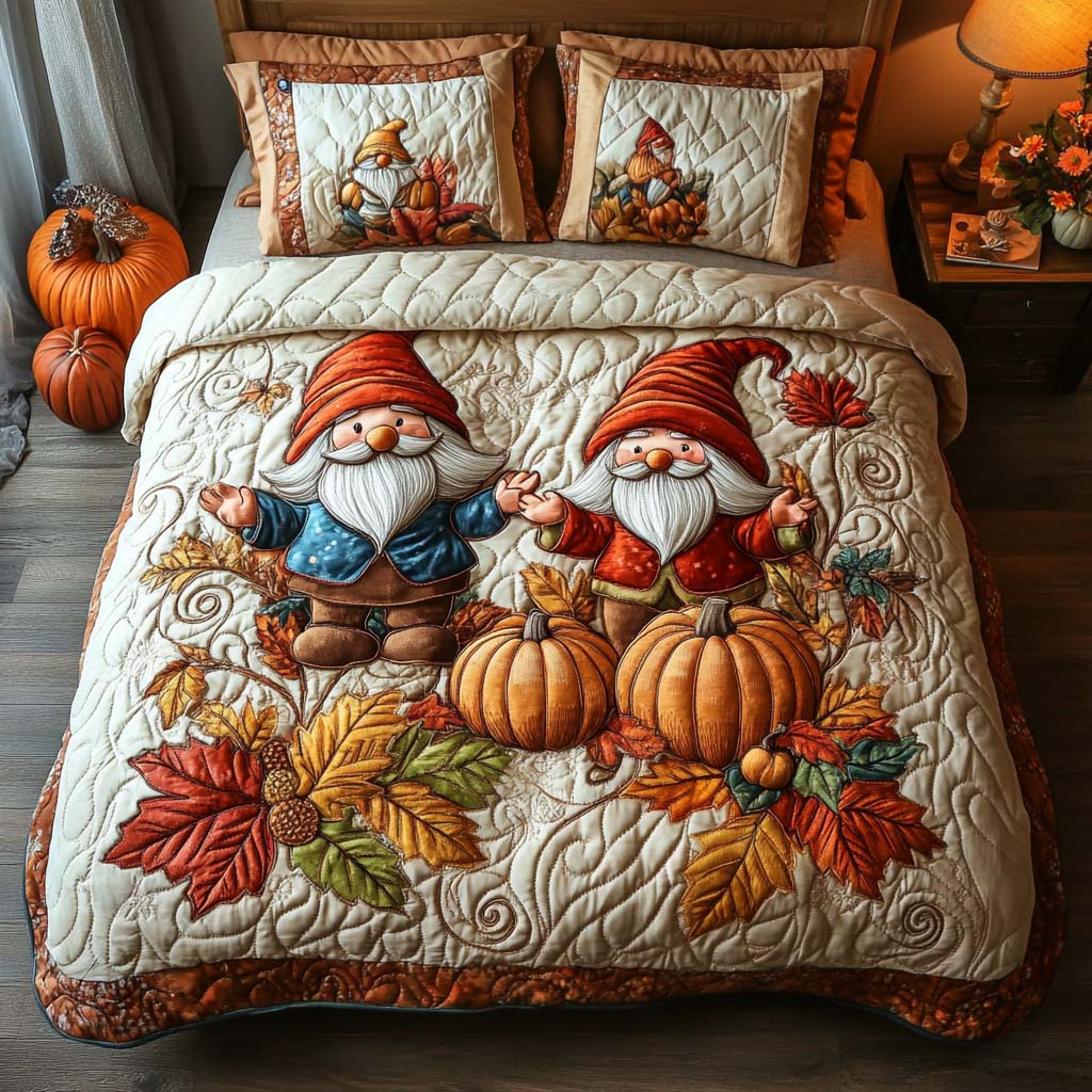 Fall Gnome Gathering Quilted Bedding Set Bed Decor Ideas Autumn Gift Ideas