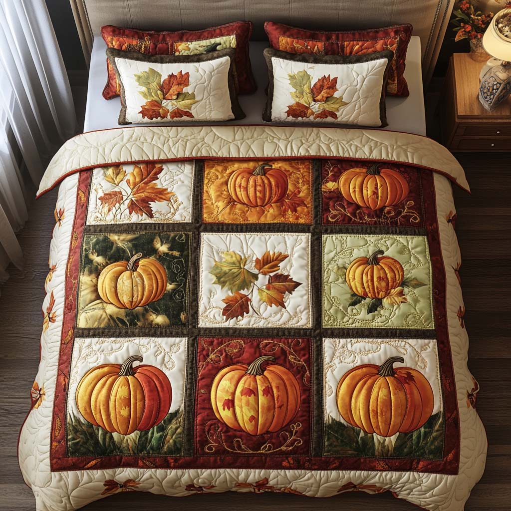 Fall Harvest Parade Quilted Bedding Set Queen Size Comforter Anniversary Gift for Couples