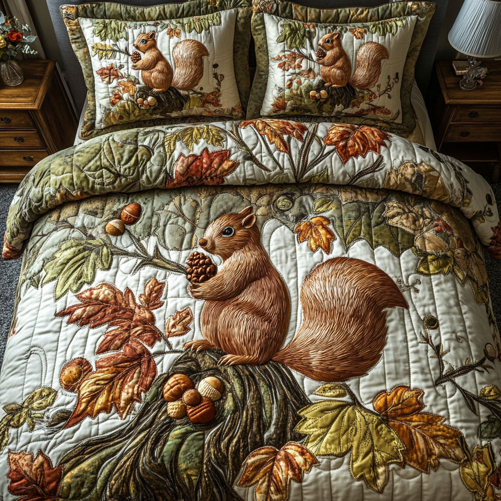 Fall Harvest Squirrel Quilted Bedding Set Cute Bedroom Decor Fall Gift Items