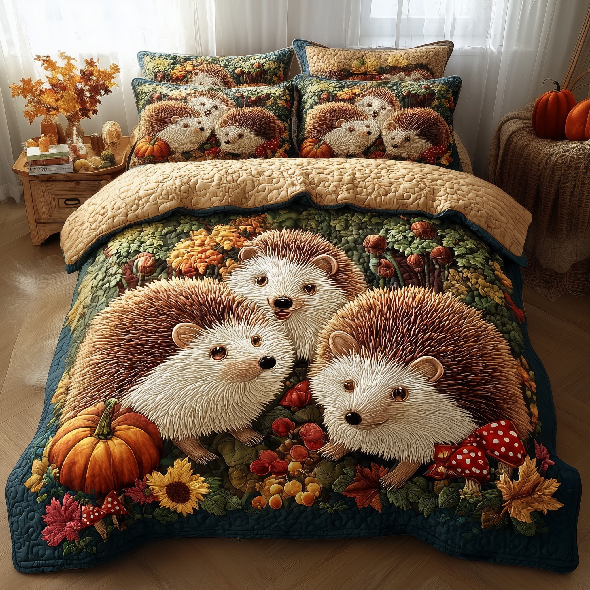Fall Hedgehog Quilted Bedding Set Bed Decoration Christmas Gift For Hedgehog Owners