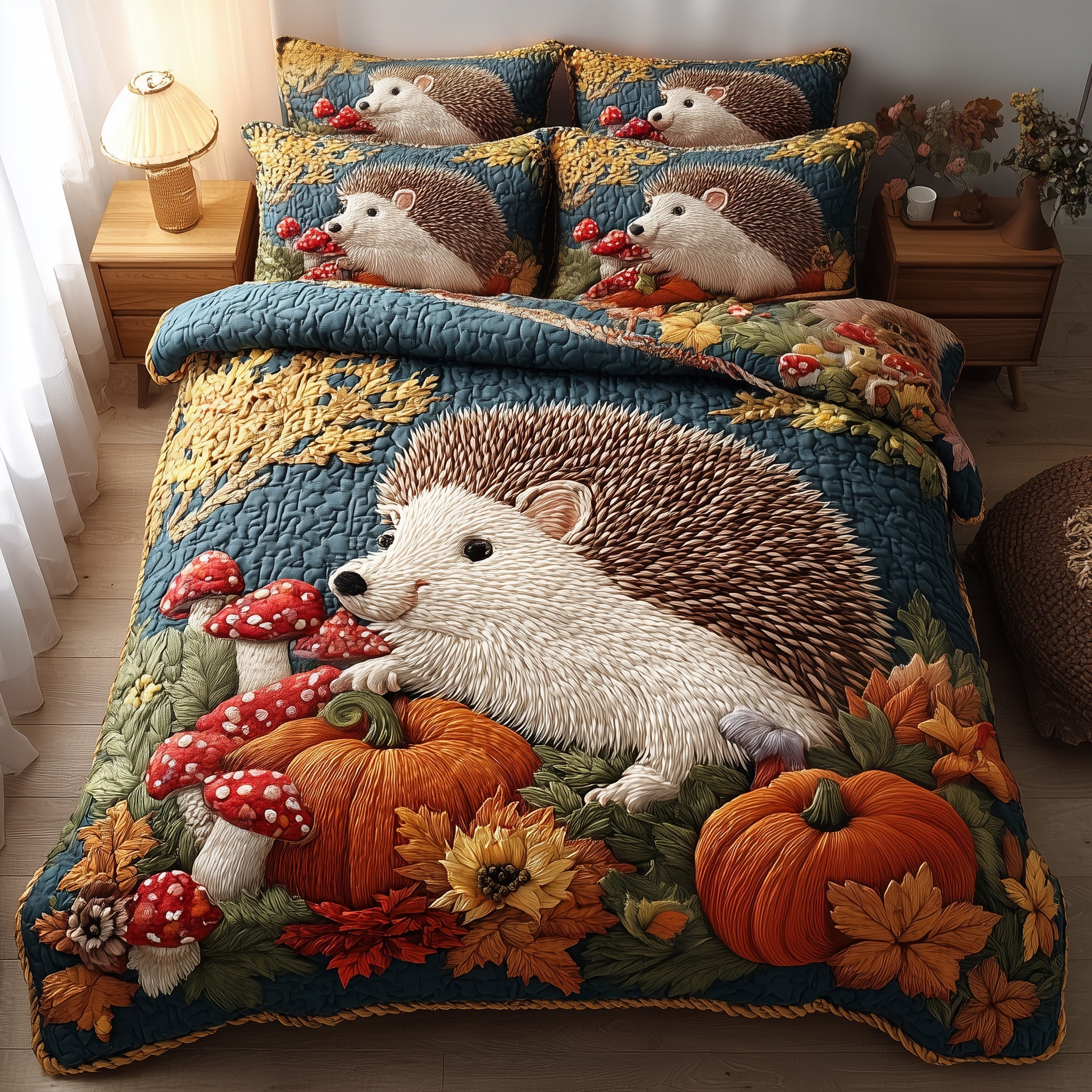 Fall Hedgehog Quilted Bedding Set Cotton Sateen