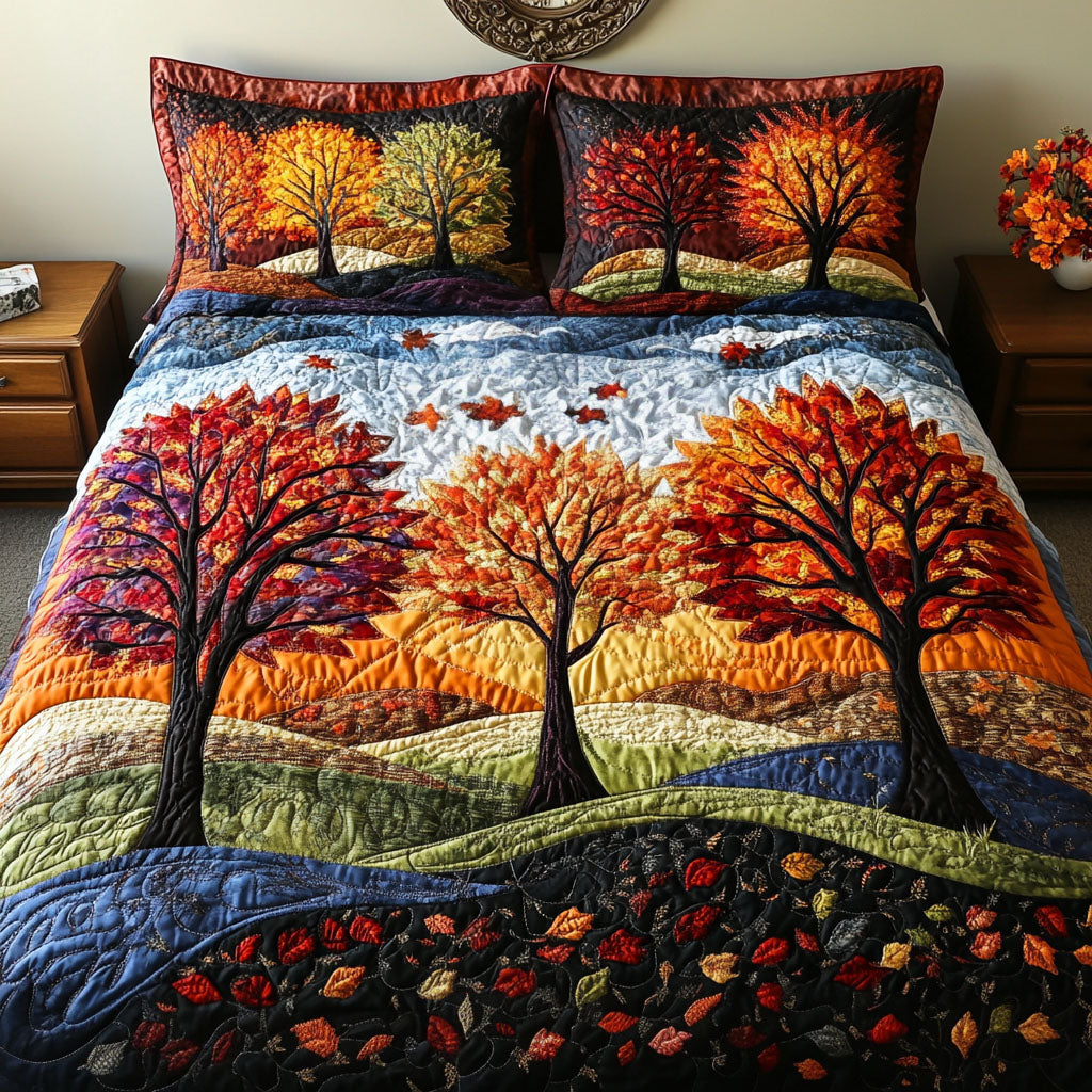 Fall Leaves Landscape Quilted Bedding Set Unique Bed Sheet Set Cute Fall Gifts For Girlfriend