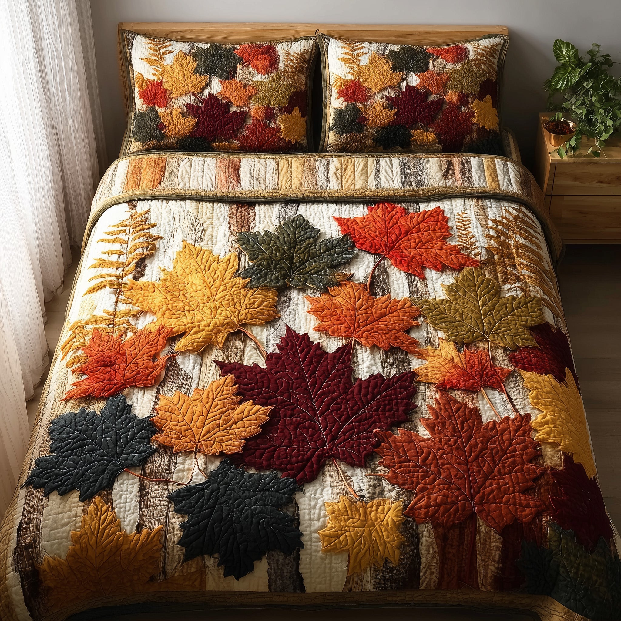 Fall Leaves Quilted Bedding Set Unique Pattern