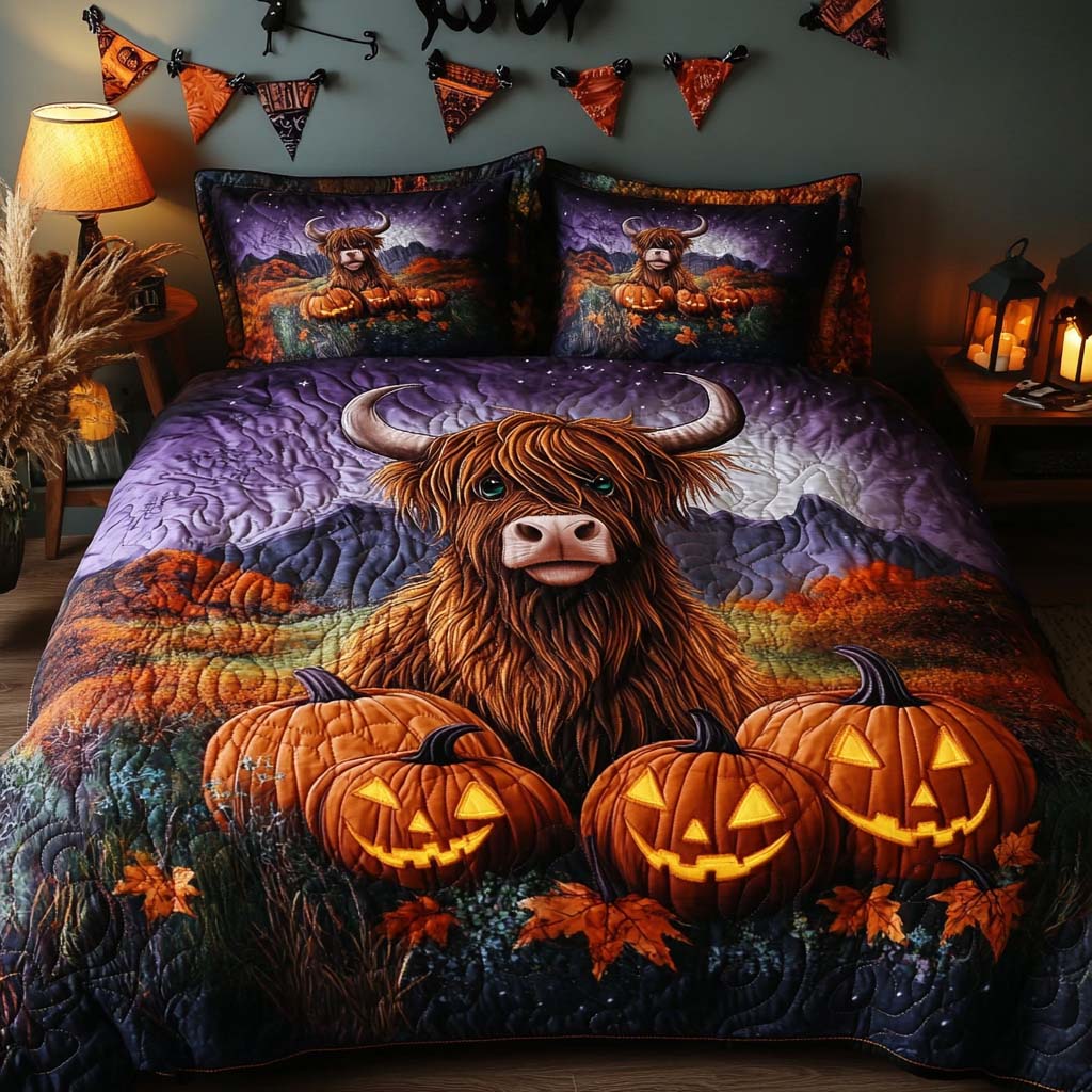 Fall Meadow Quilted Bedding Set Autumn Themed Bed Sheets Highland Cow Merchandise