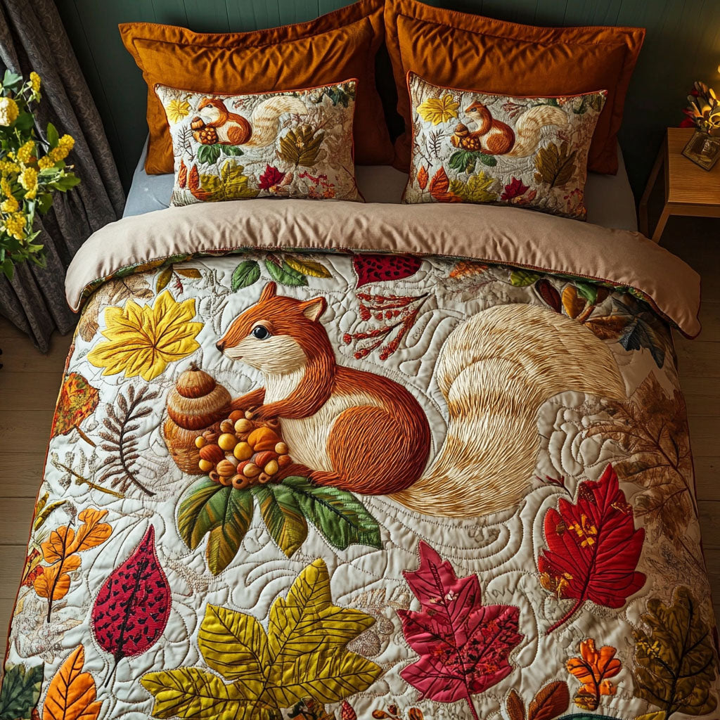 Fall Nut Gatherer Quilted Bedding Set Unique Bed Sheet Set Autumn Gift Ideas