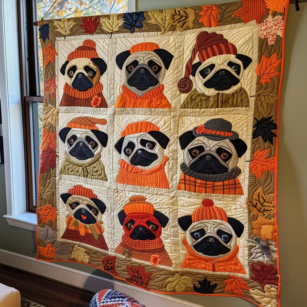 Fall Pugs Quilted Blanket Autumn Dog Lover Art Cozy Bedding Warm Throw Best Gift For Pug Owners