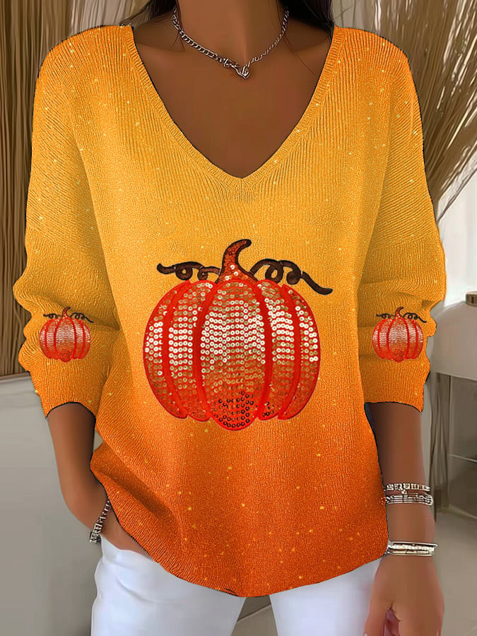 Fall Pumpkin V-Neck Long Sleeve Falling For Fall Merch Awesome Thanksgiving Gifts For Her