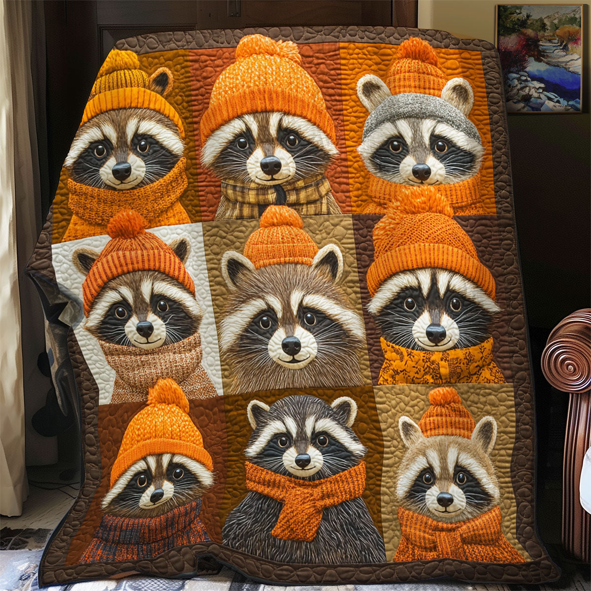 Fall Racoons Quilt Blanket Queen Size Blanket Best Thank You Gifts