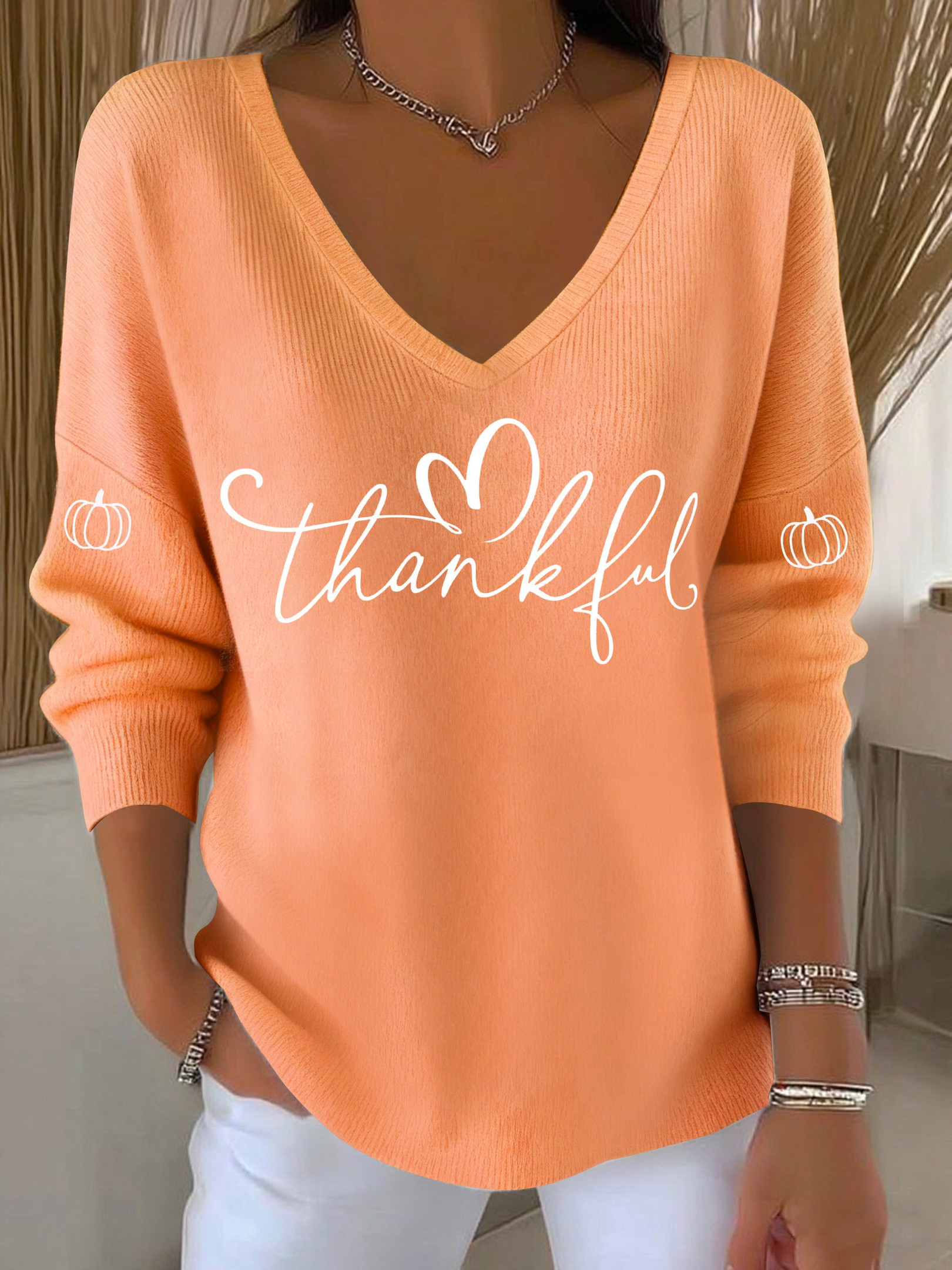 Fall Thanksgiving Pumpkin V-Neck Long Sleeve Shirt Pumpkin Vibes Apparel Ideal Presents