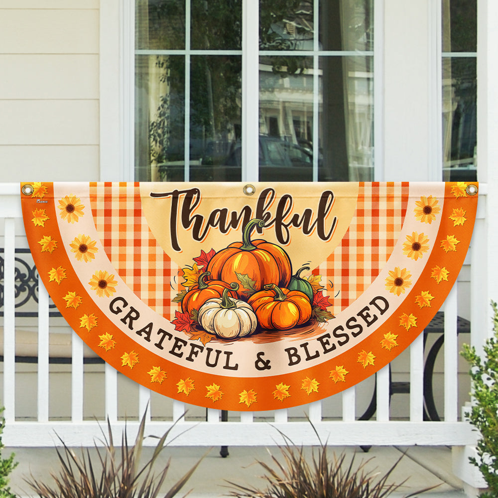 Fall Thanksgiving Pumpkins Harvest Thankful Grateful Blessed Non Pleated Fan Flag