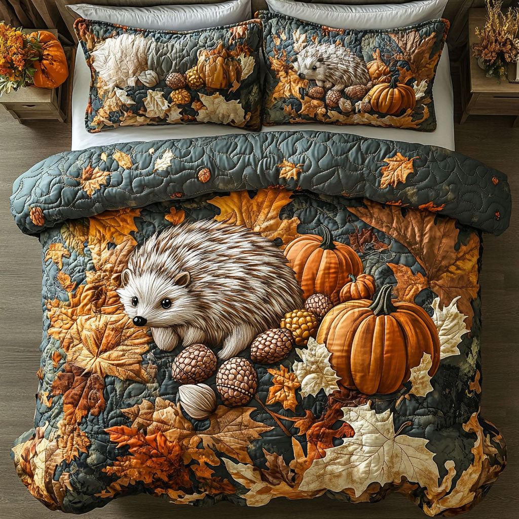 Fall Woodland Hedgehog Quilted Bedding Set Cute Room Decor Gifts For Autumn Lovers