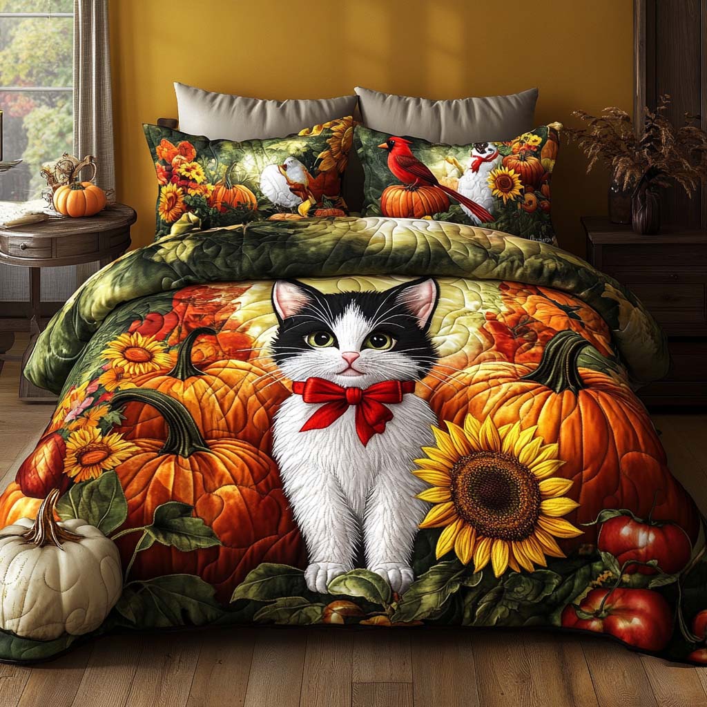Falling Leaves Cat Quilted Bedding Set Autumn Bed Sheet Set Cat Person Gifts
