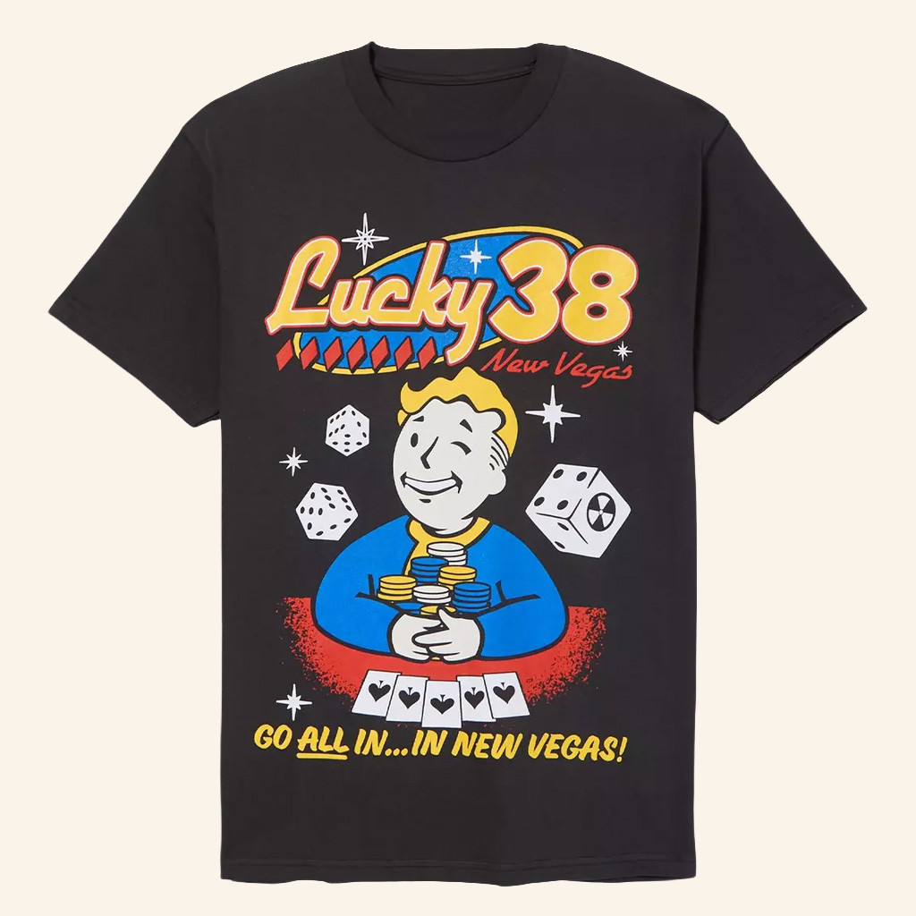 Fallout Merch Vault Boy Lucky 38 T-Shirt Go All In In New Vegas Shirt Gifts For Him