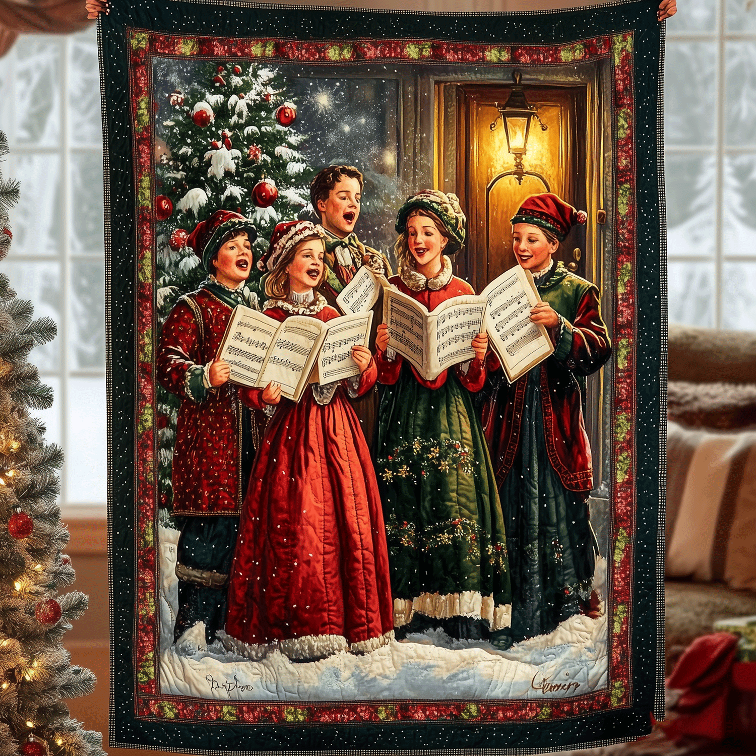 Family Caroling Delight Quilted Blanket Cute Christmas Blankets