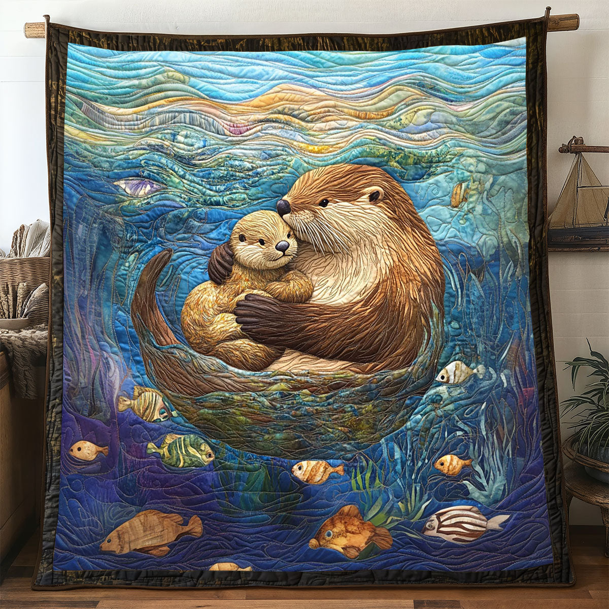 Family Otter Under The Sea Quilt Blanket Fluffy Throw Blanket Marine Gifts For Otter Lovers