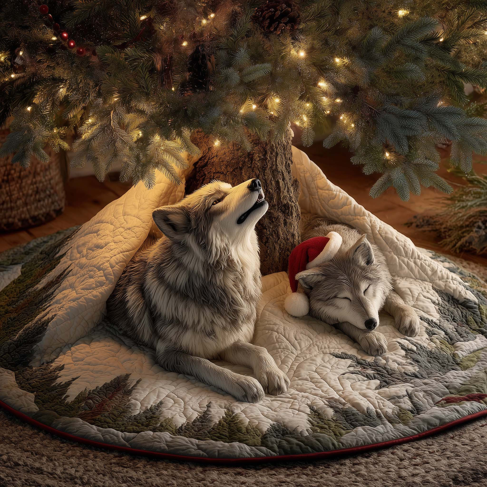 Family Wolf Quilted Tree Skirt Animal Themed Xmas Decor Christmas Gift For Wolf Lover