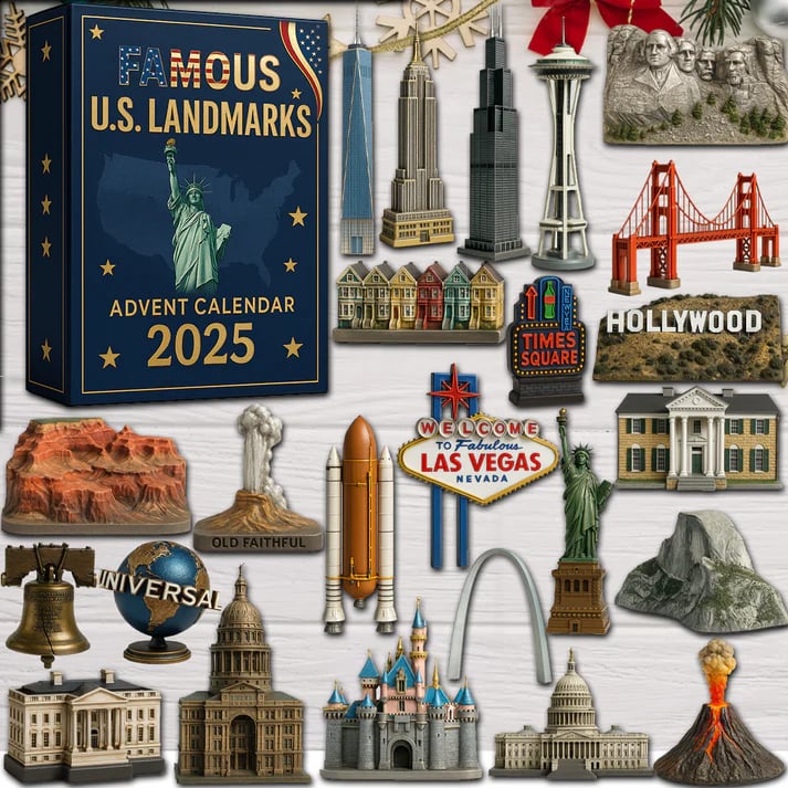 Famous US Landmarks Advent Calendar 2025 Table Decor Christmas Gifts For American
