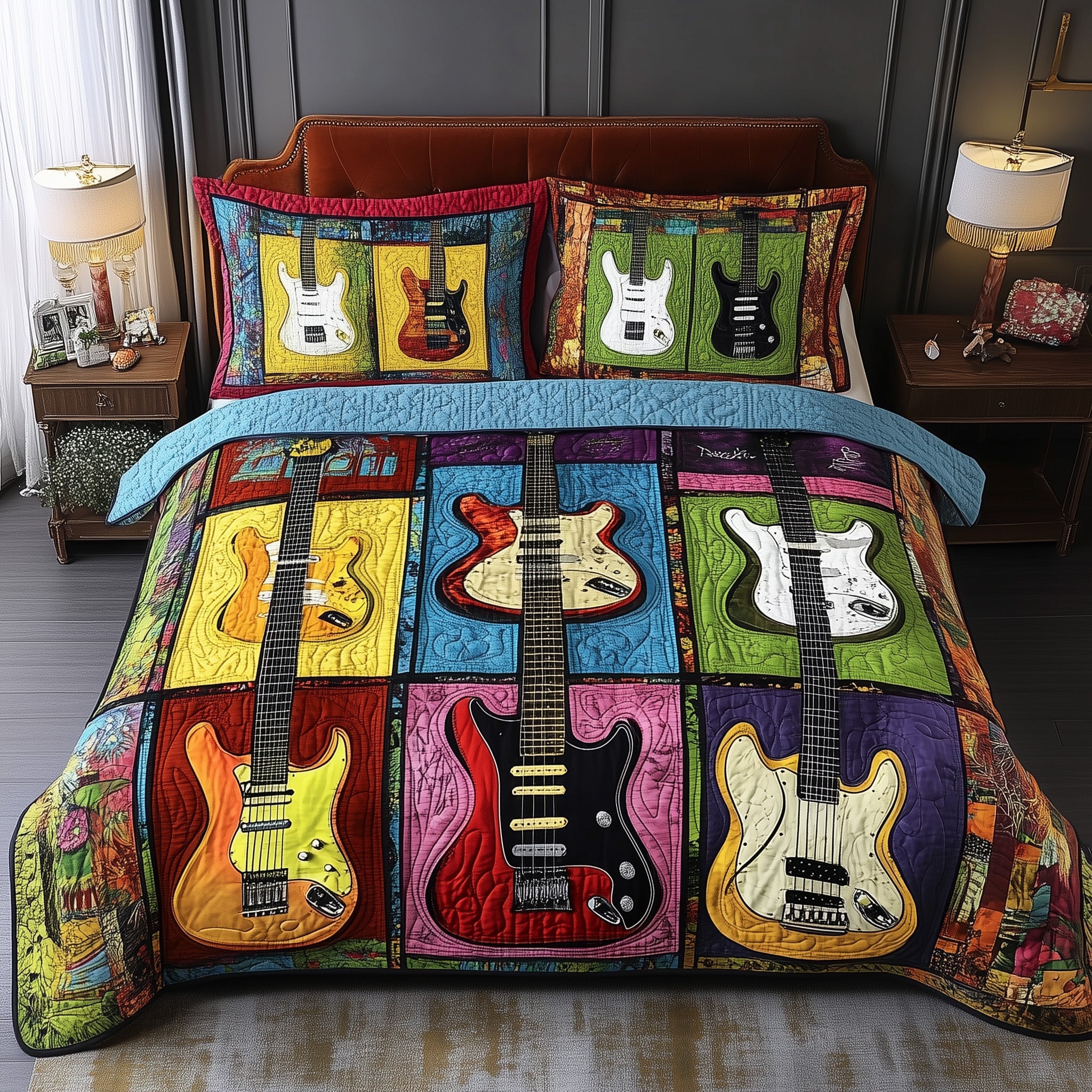 Fantasy Guitar Quilted Bedding Set Duvet Cover Bedspread Best Present For Guitar Player