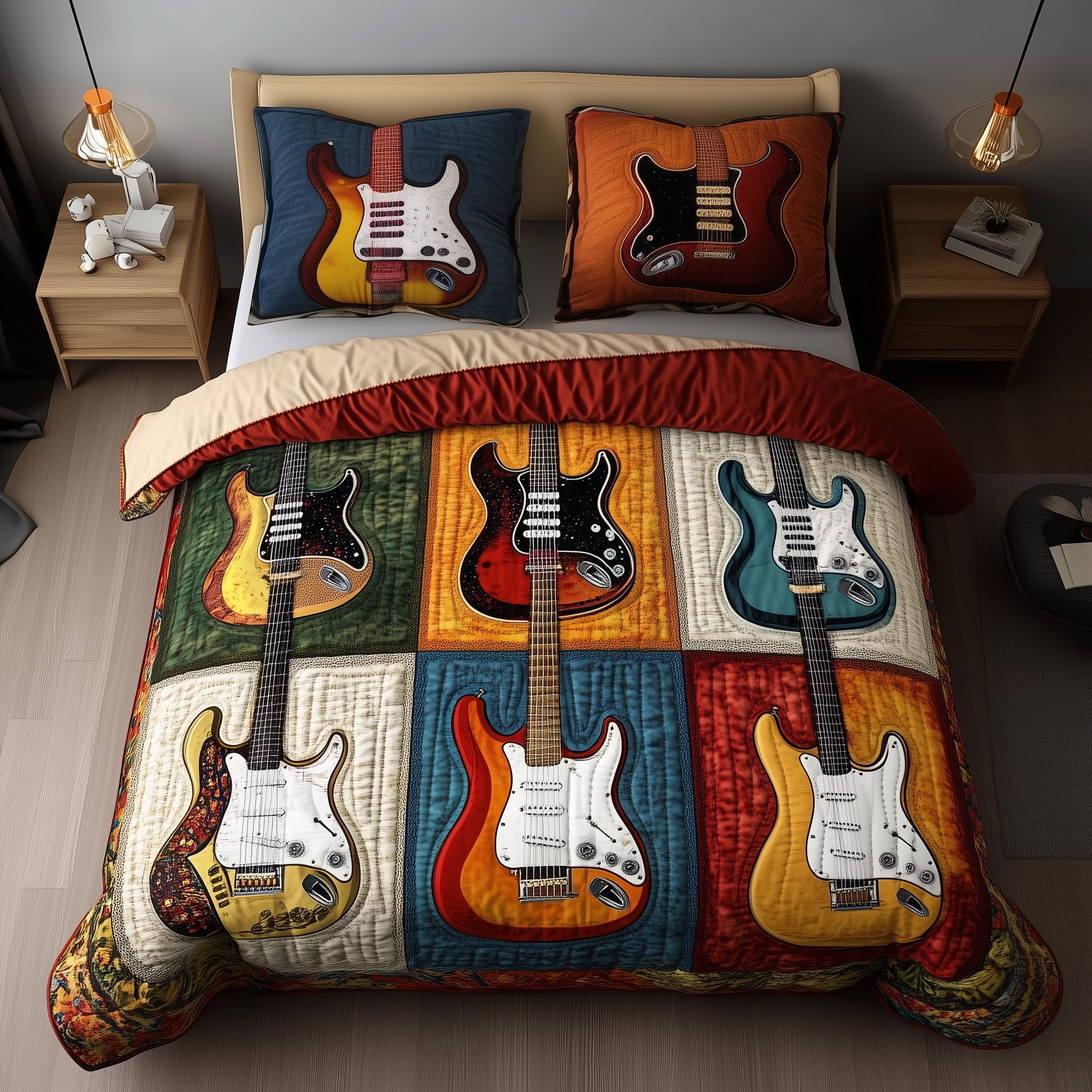 Fantasy Guitar Quilted Bedding Set Duvet Cover Bedspread Xmas Gifts For Guitar Players