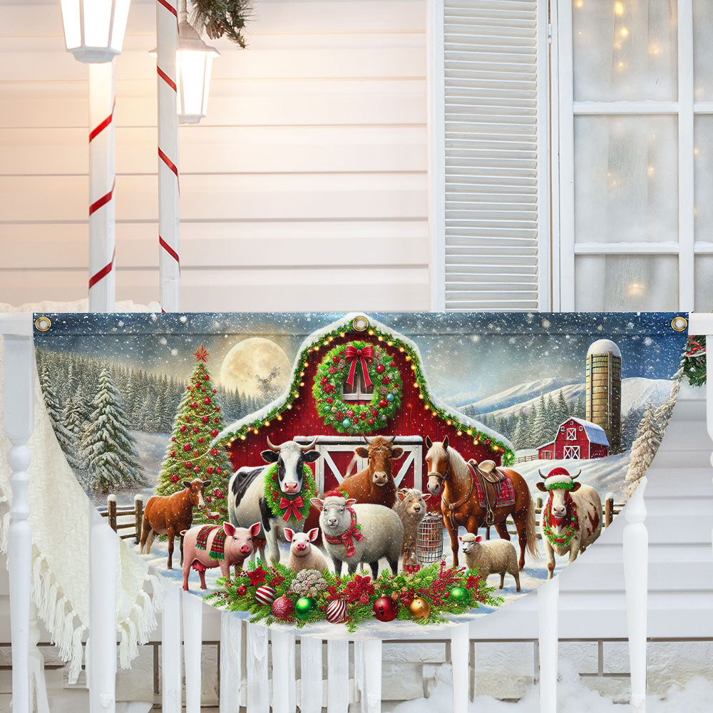 Farm Animals Christmas Red Barn Non Pleated Fan Flag