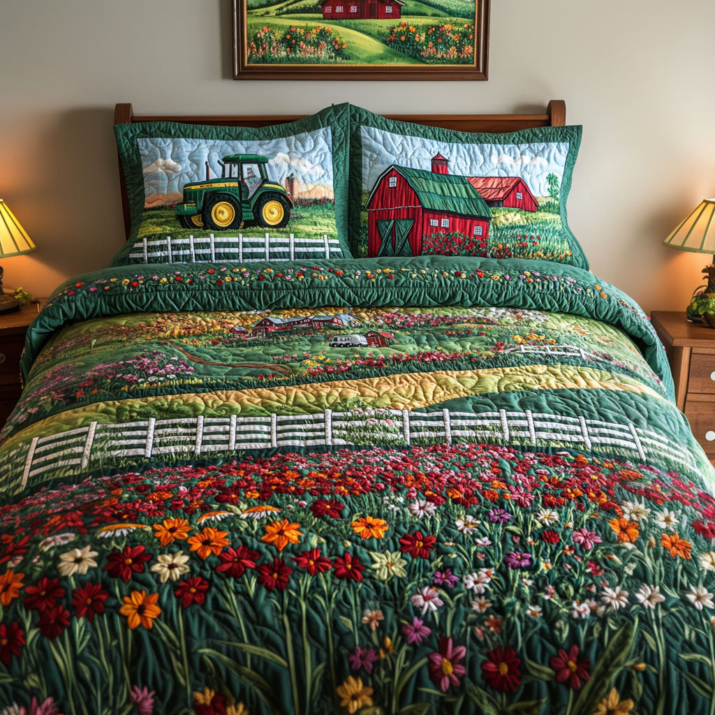 Farm Fresh View Quilted Bedding Set Aesthetic Room Decor Tractor Gifts For Him