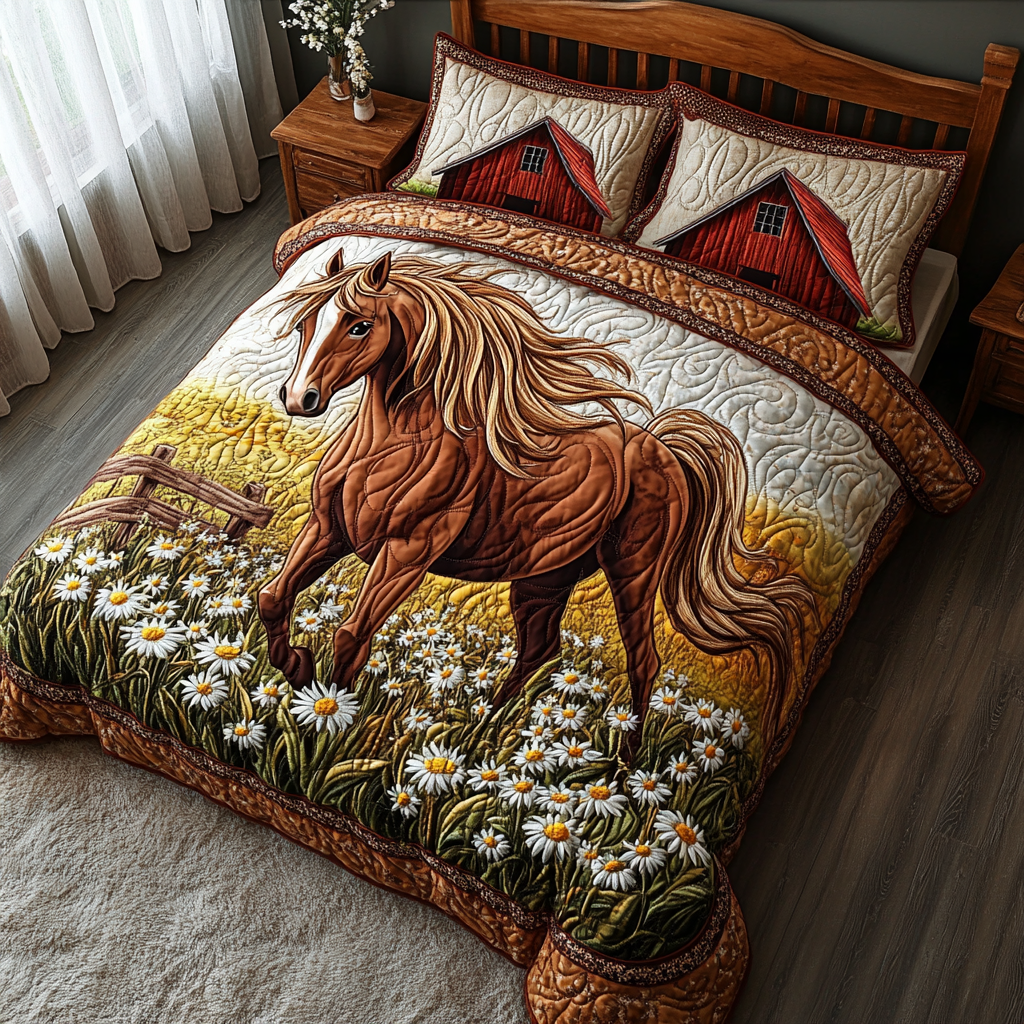 Farm Horse Quilted Bedding Set Aesthetic Room Decor Best Presents For Horse Lovers