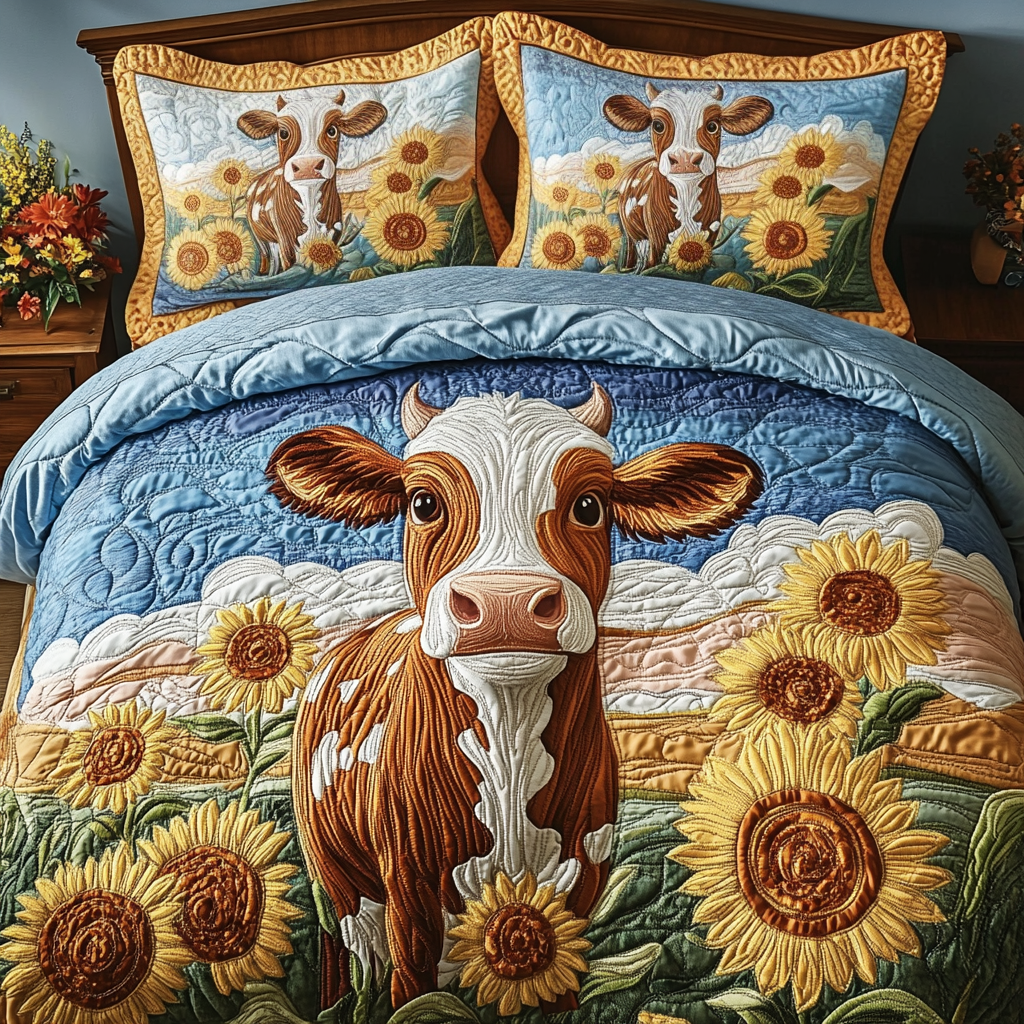 Farm Hug Quilted Bedding Set Bed Room Decoration Cow Gifts For Cow Lovers