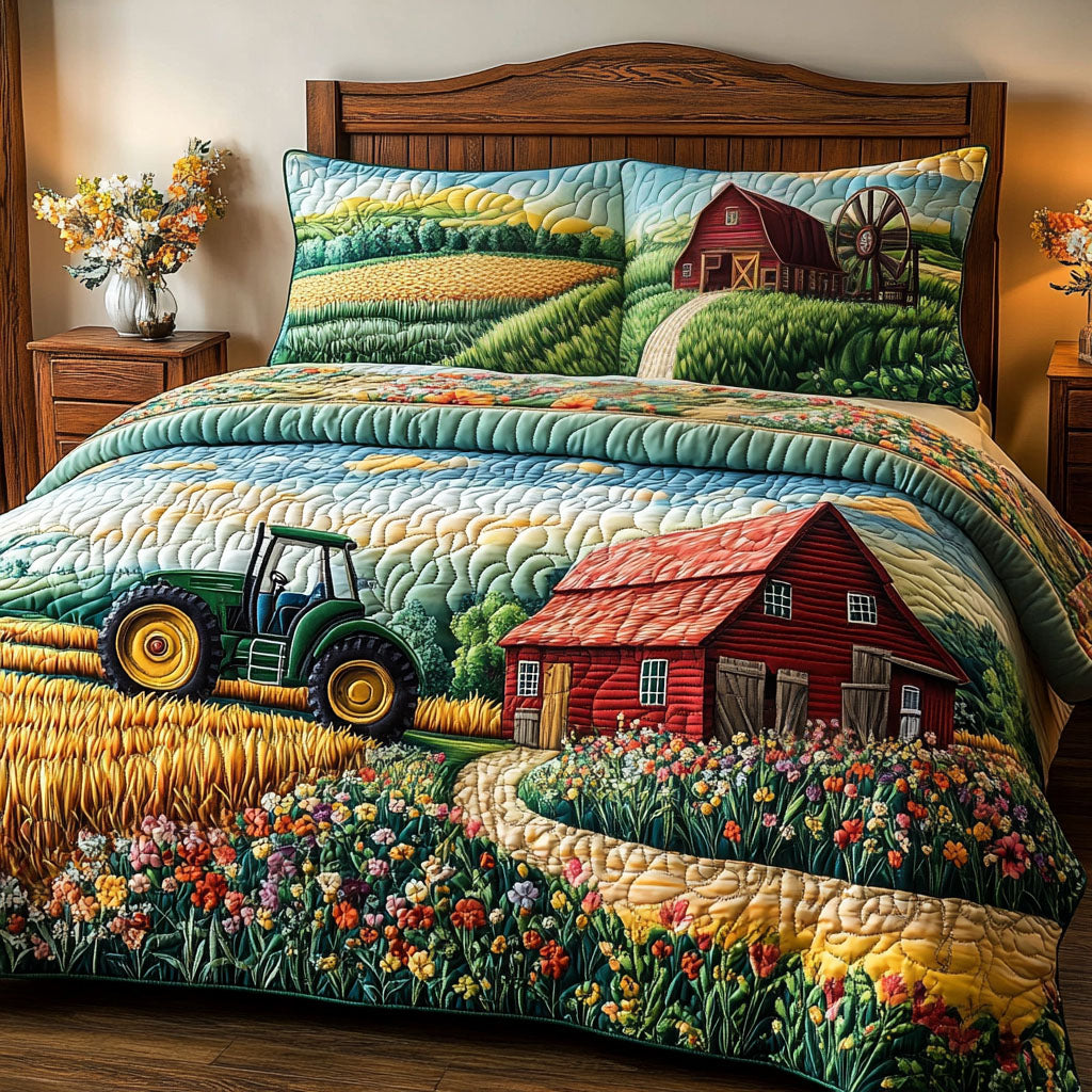 Farm Life Charm Quilted Bedding Set Bed Decorations Tractor Presents For Adults