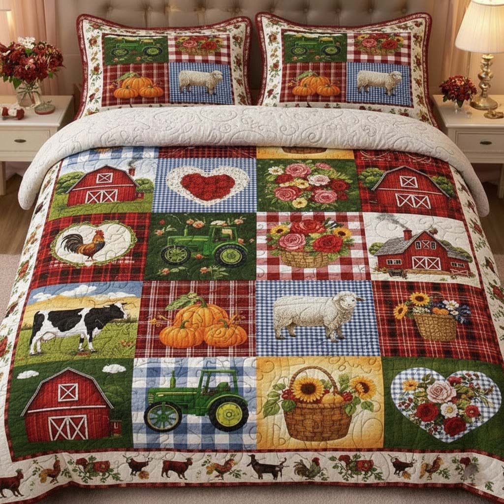 Farm Life Quilted Bedding Set Country Farmhouse Bedroom Decor Gift For Farm Lovers