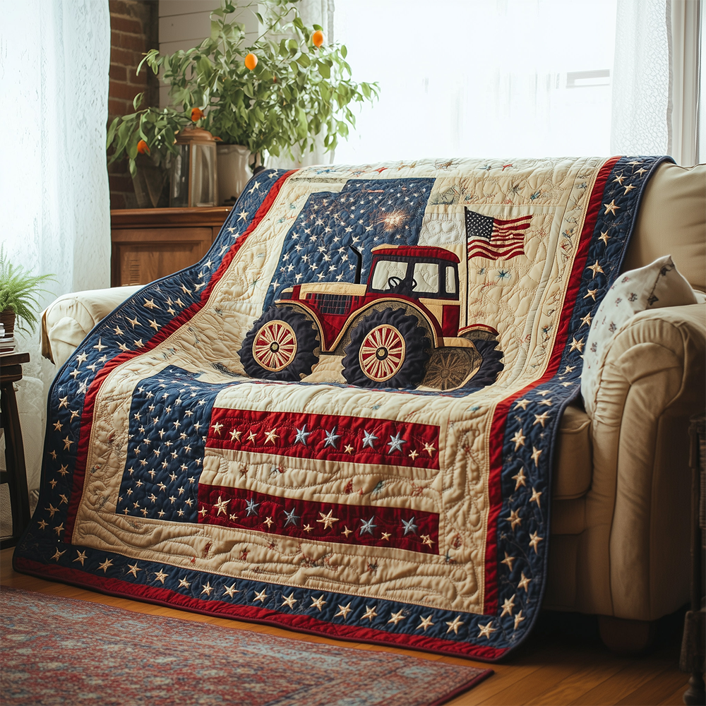 Farm Life Tractor Quilted Blanket American Flag Design Patriotic Farmer Tractor Gifts For Him