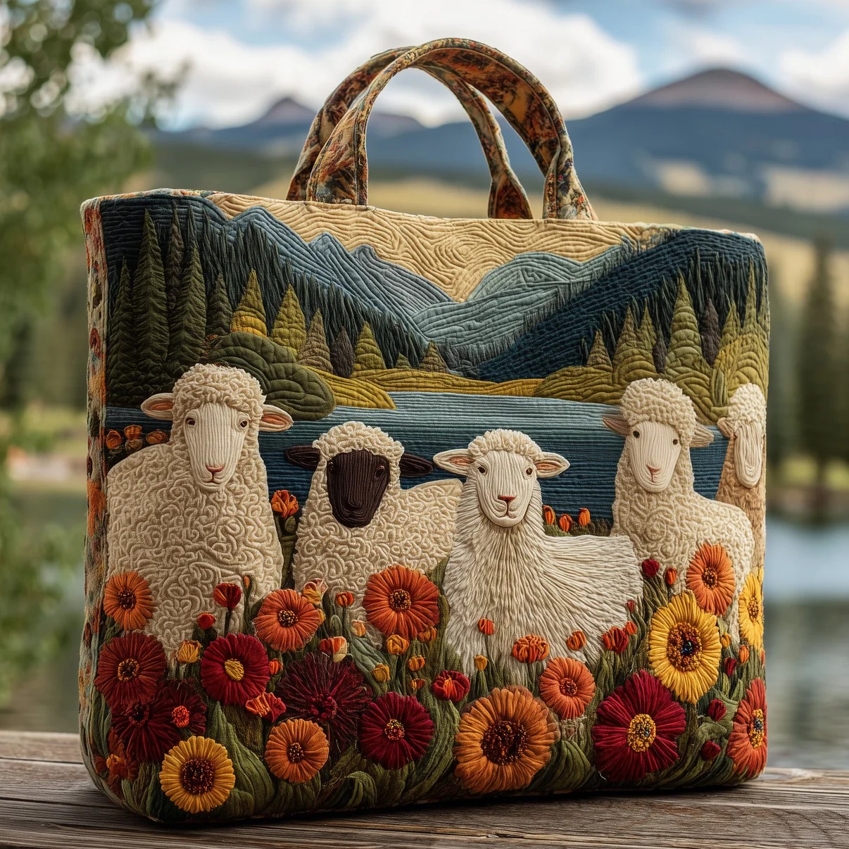 Farm Sheep Mountain Meadow Quilted Tote Bag Farmhouse Floral Nature Country Outdoor Lover Gift For Mom