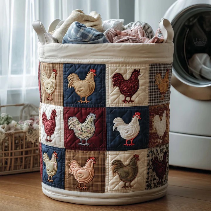 Farmhouse Chicken Patchwork Quilted Laundry Basket Country Home Decor Best Gift For Chicken Lovers